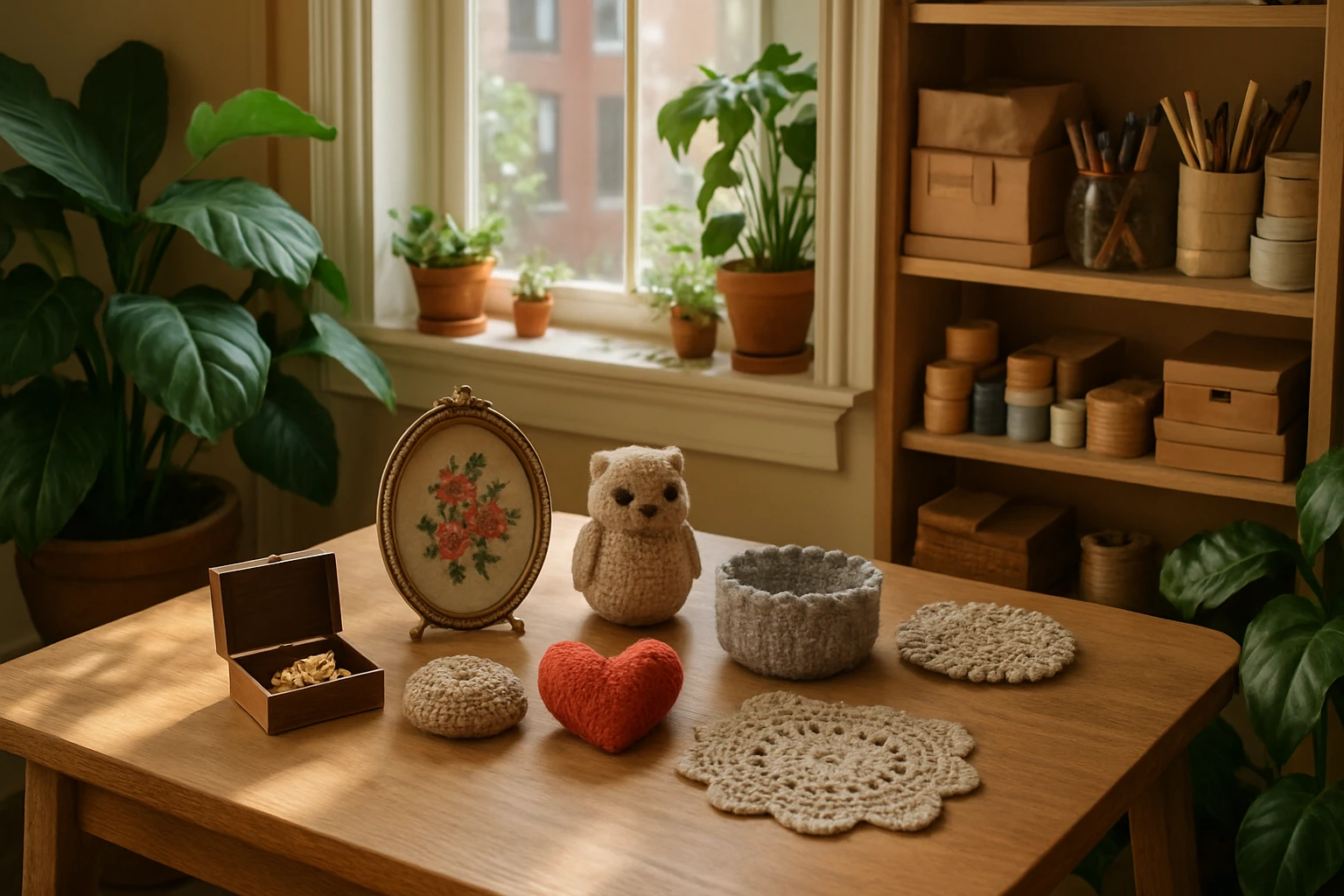 A cozy home workspace with a wooden table displaying handmade crafts and vintage trinkets, surrounded by lush house plants, with a sunlit window illuminating a shelf filled with art supplies and Etsy branding materials.