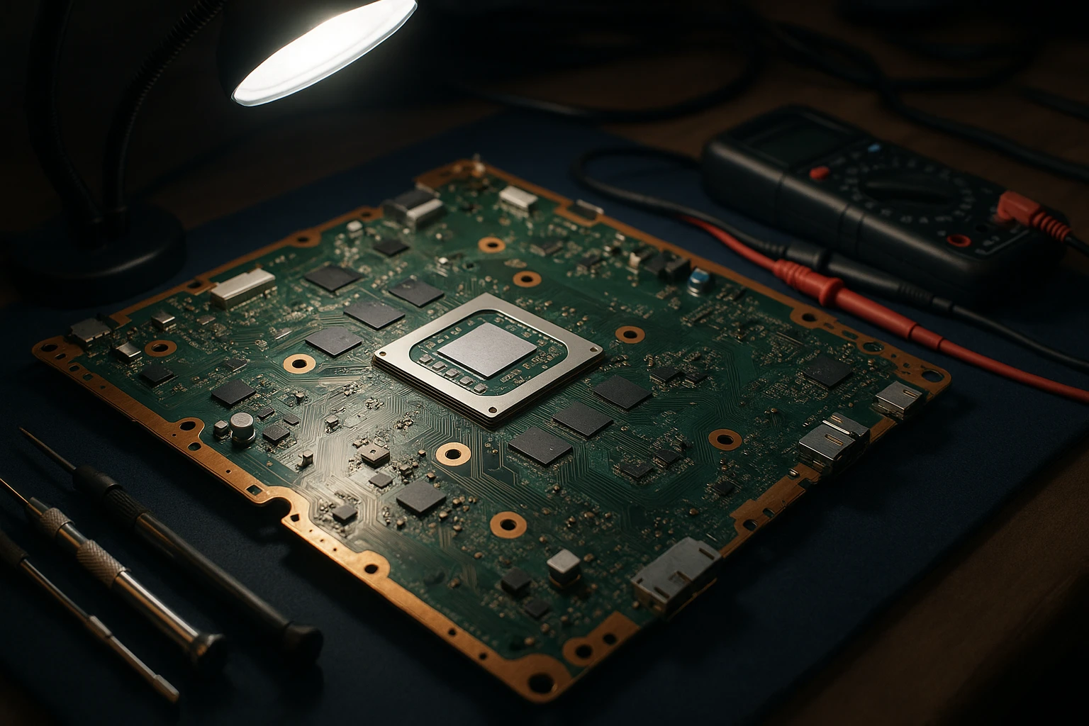 A close-up of a PlayStation 5 motherboard on a technician's workbench, surrounded by precision tools like screwdrivers and multimeters, with a bright LED work lamp illuminating the detailed circuitry.