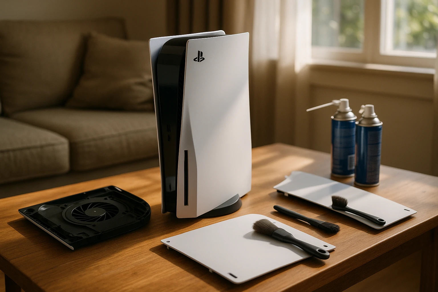 A PlayStation 5 console placed on a wooden table in a living room, surrounded by open console panels, compressed air canisters, and cleaning brushes, with sunlight streaming in from a nearby window illuminating the scene.