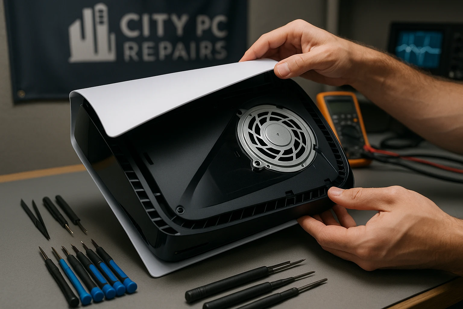 A close-up of a PS5 console being carefully disassembled on a workbench, surrounded by precision tools and diagnostic equipment, with a City PC Repairs logo subtly visible on a wall banner in the background.