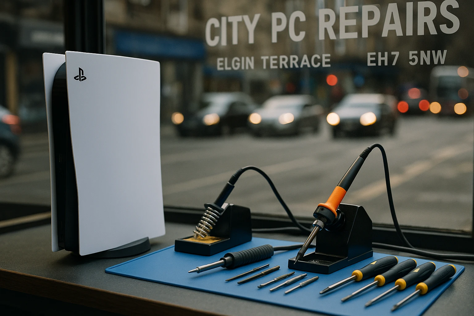 A PS5 console on display in a repair shop window, with various repair tools like soldering iron and screwdrivers neatly arranged on a table beside it, under a sign that reads