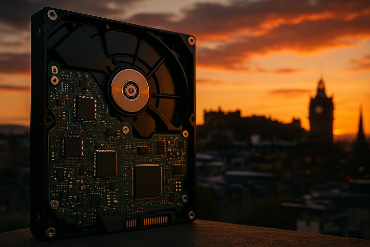 A close-up of a hard drive with intricate circuitry exposed, set against the backdrop of Edinburgh's iconic skyline at sunset, illustrating the convergence of technology and city life.