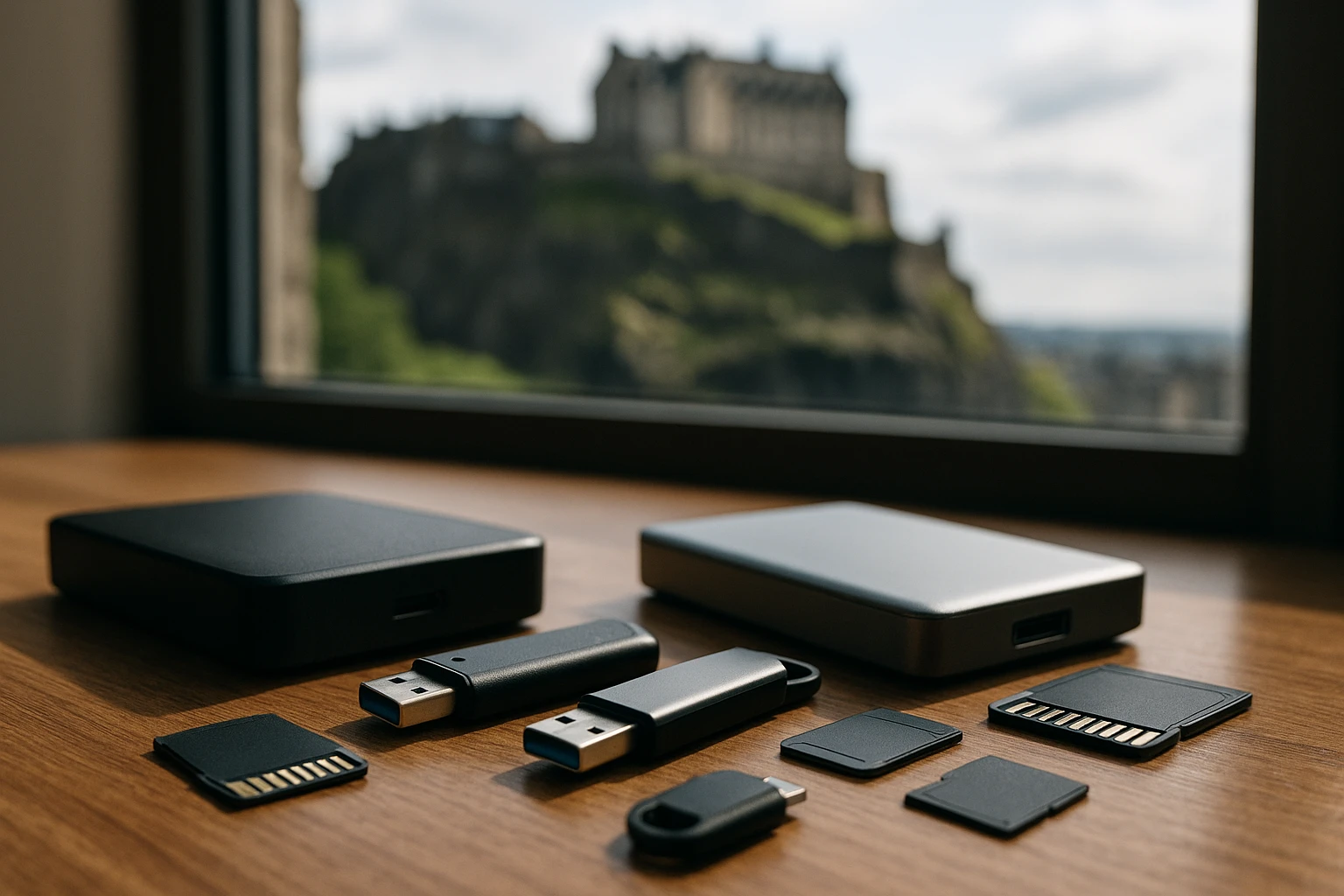 A collection of varied external storage devices such as USB flash drives, SD cards, and external hard drives scattered on a table, with a backdrop of Edinburgh Castle visible through a nearby window.