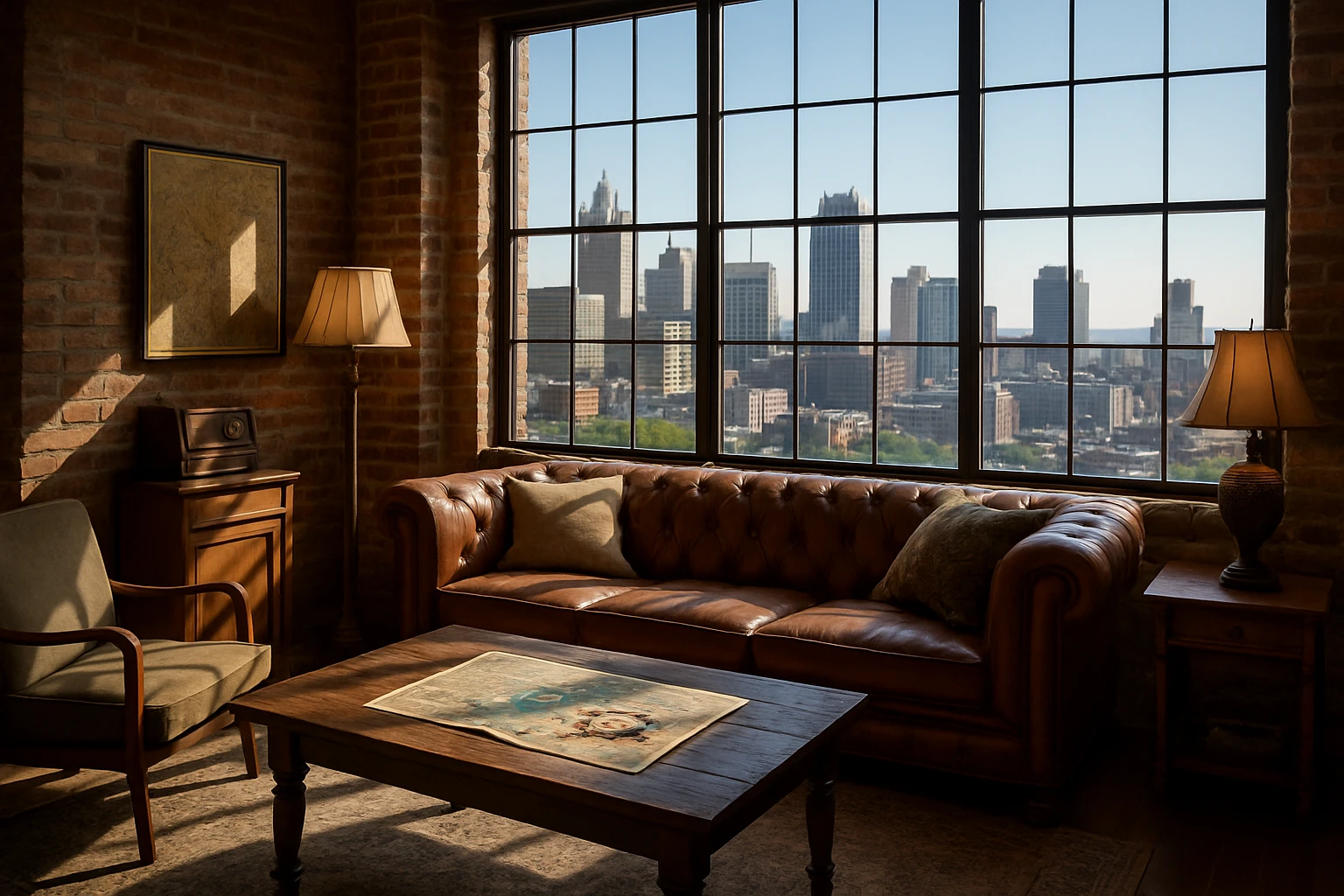 A stylish loft with exposed brick walls and large windows offering a panoramic view of Detroit's skyline, featuring a cozy seating area with vintage decor and a map of local attractions on a wooden coffee table.