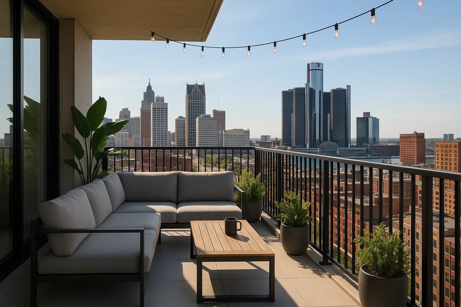 A chic modern apartment with a spacious balcony overlooking downtown Detroit, featuring a sleek outdoor lounge set, string lights, and lush potted plants, perfect for enjoying city views with a morning coffee.