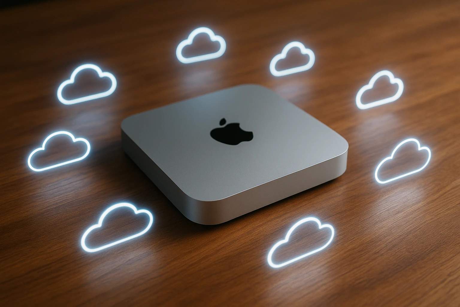 A sleek Mac Mini rests on a wooden tabletop surrounded by an array of cloud symbols glowing holographically, signifying the seamless integration of cloud technology with physical hardware.