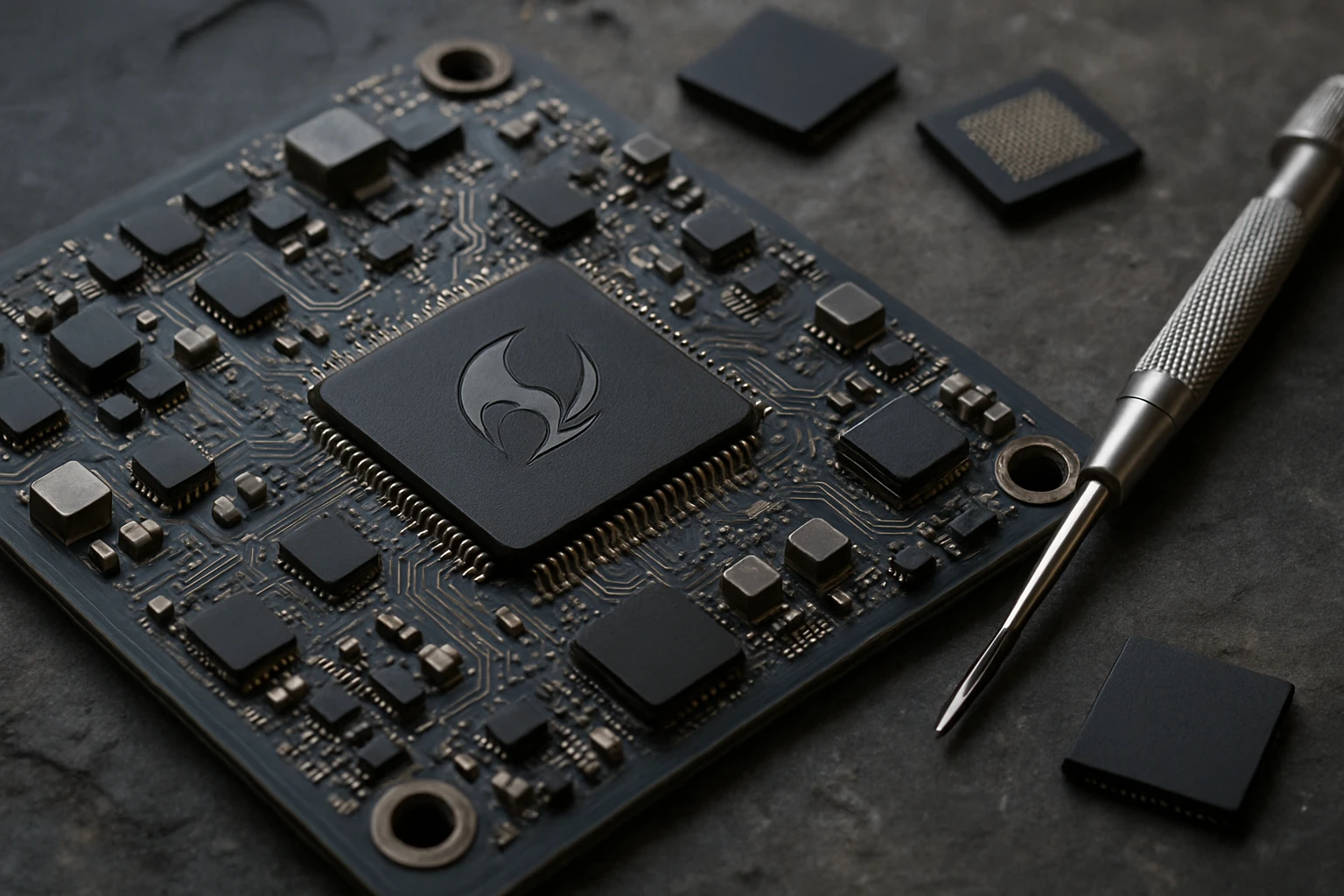 A close-up of an intricate circuit board, with the Openclaw logo subtly engraved, resting on a stone surface, surrounded by tools like a precision screwdriver and microchips.