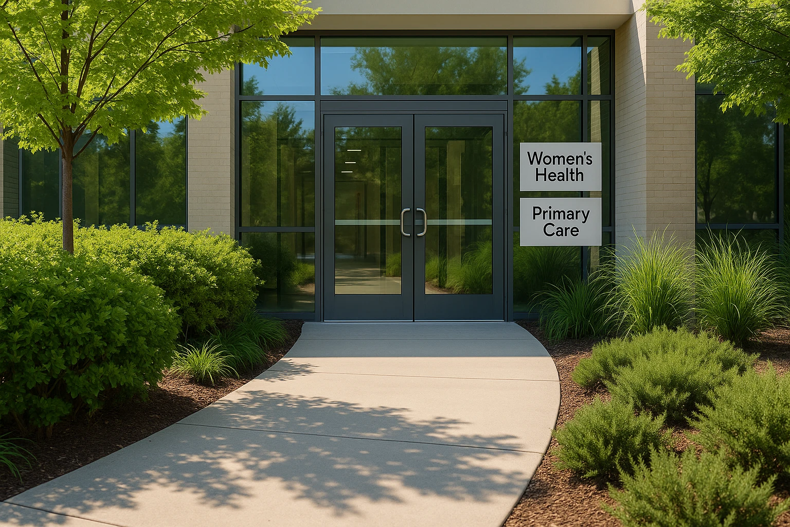 A bright, welcoming clinic entrance with a modern glass facade, surrounded by lush greenery and an easy-access pathway, stands as a beacon of comprehensive care in Glen Burnie, featuring signage for women’s health and primary care prominently displayed.