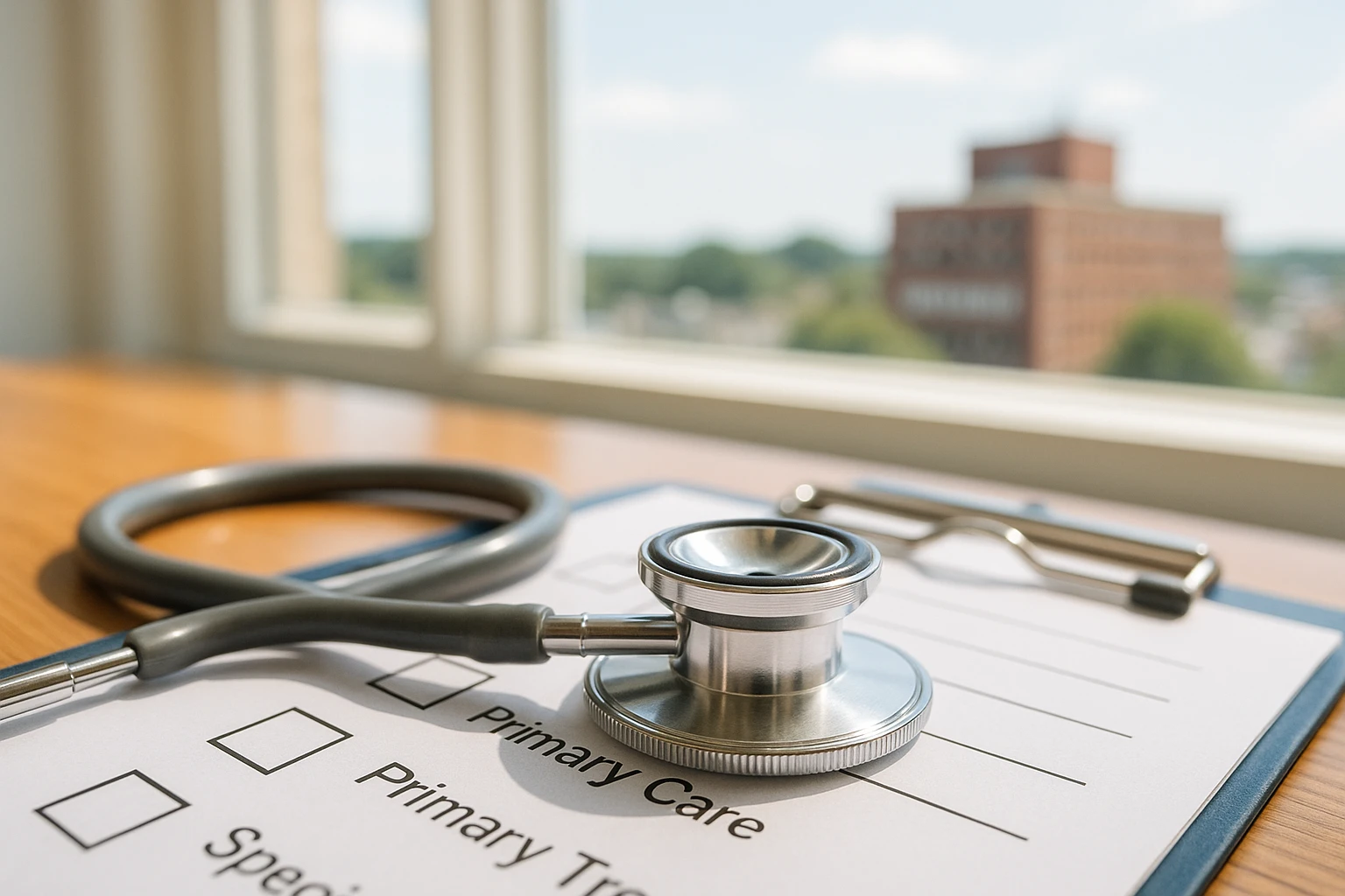 A close-up of a stethoscope resting on a medical clipboard with marked checkboxes for women's health, primary care, and specialized treatments, set against a background of natural light streaming through a window and a view of Glen Burnie’s community skyline.