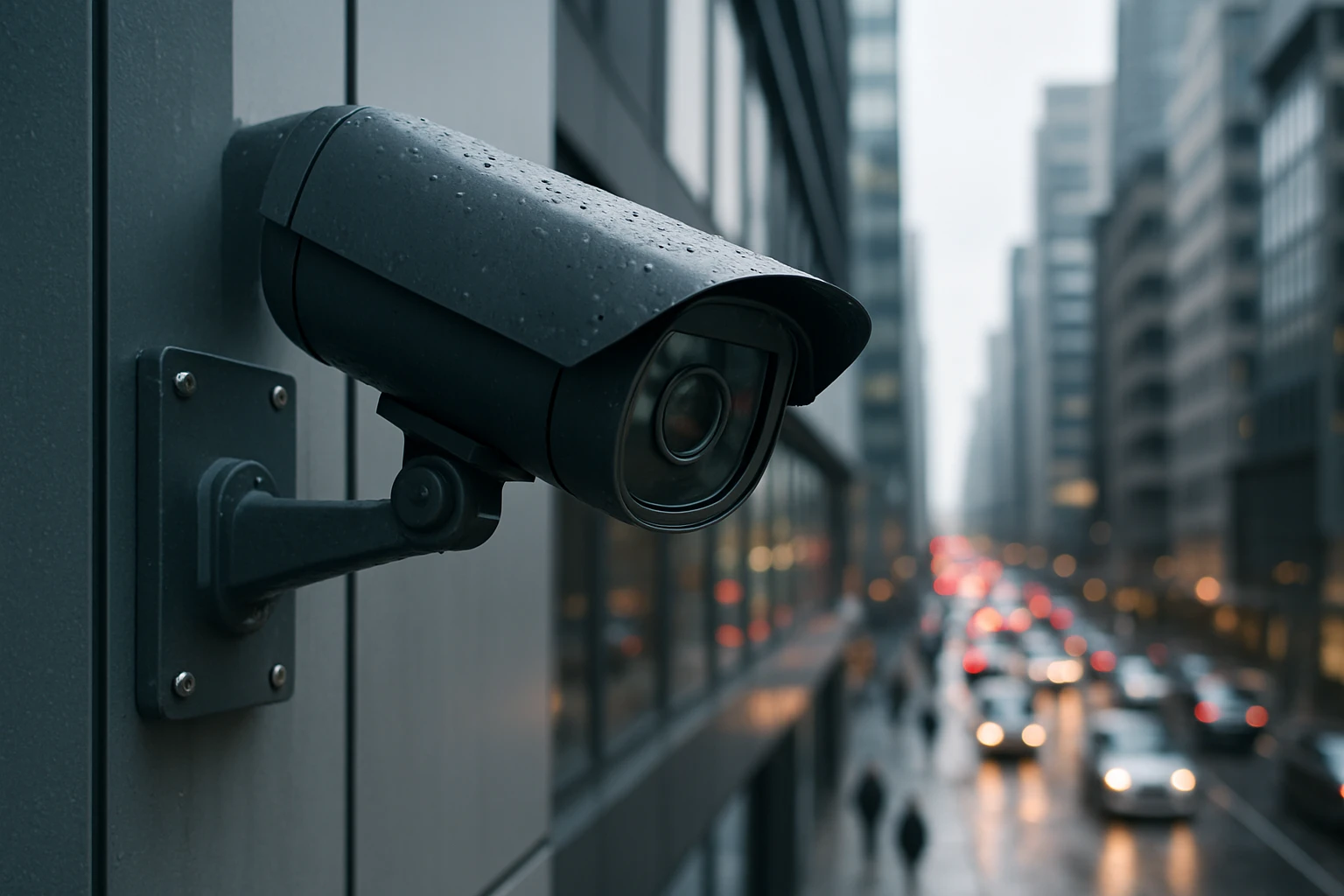 A sleek, weatherproof surveillance camera mounted on the exterior of a modern building, capturing a panoramic view of the bustling city street below, with traffic and pedestrians visible in the background.