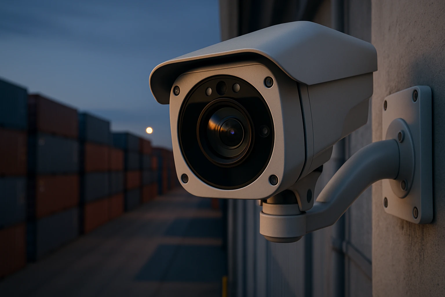 A close-up of a sophisticated security camera with a visible lens and infrared sensors, mounted on a warehouse wall, overlooking rows of shipping containers in an industrial yard during twilight.
