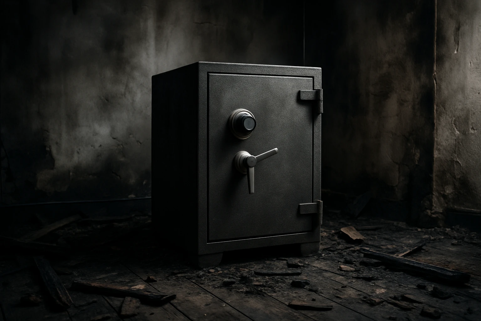 A fireproof safe standing on a charred wooden floor amid the remnants of a fire-damaged room, with smoke stains on the walls and scattered debris, emphasizing its resilience in protecting valuables from disaster.