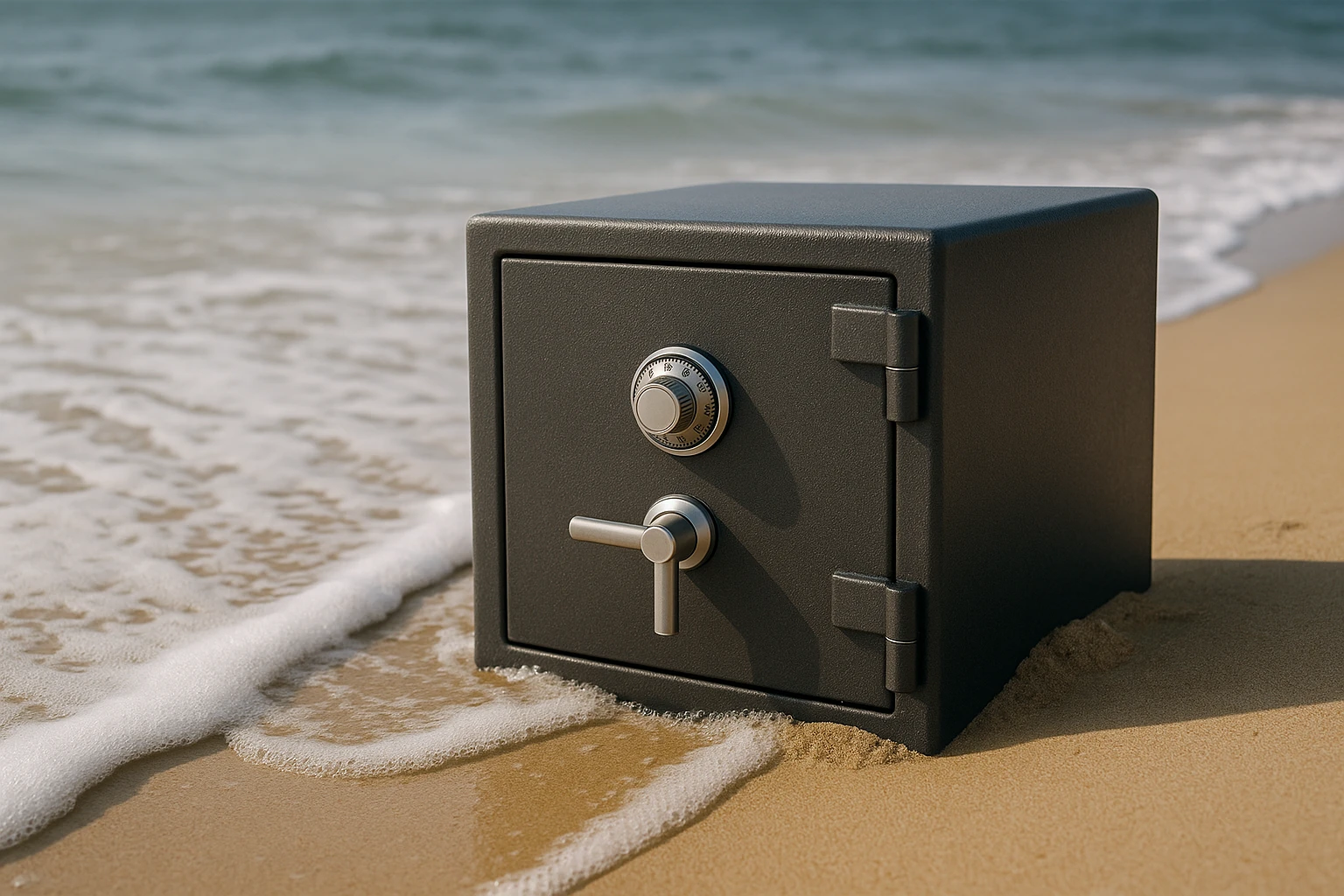 A close-up of a fireproof safe partially buried in sand on a beach, with waves lapping at its base, showcasing its durability against natural elements.