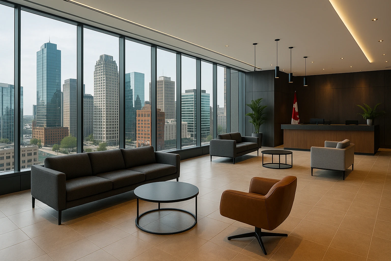A modern hotel lobby in downtown Detroit with sleek, contemporary furniture, large windows overlooking the city skyline, and a Canadian flag subtly displayed near the reception desk.