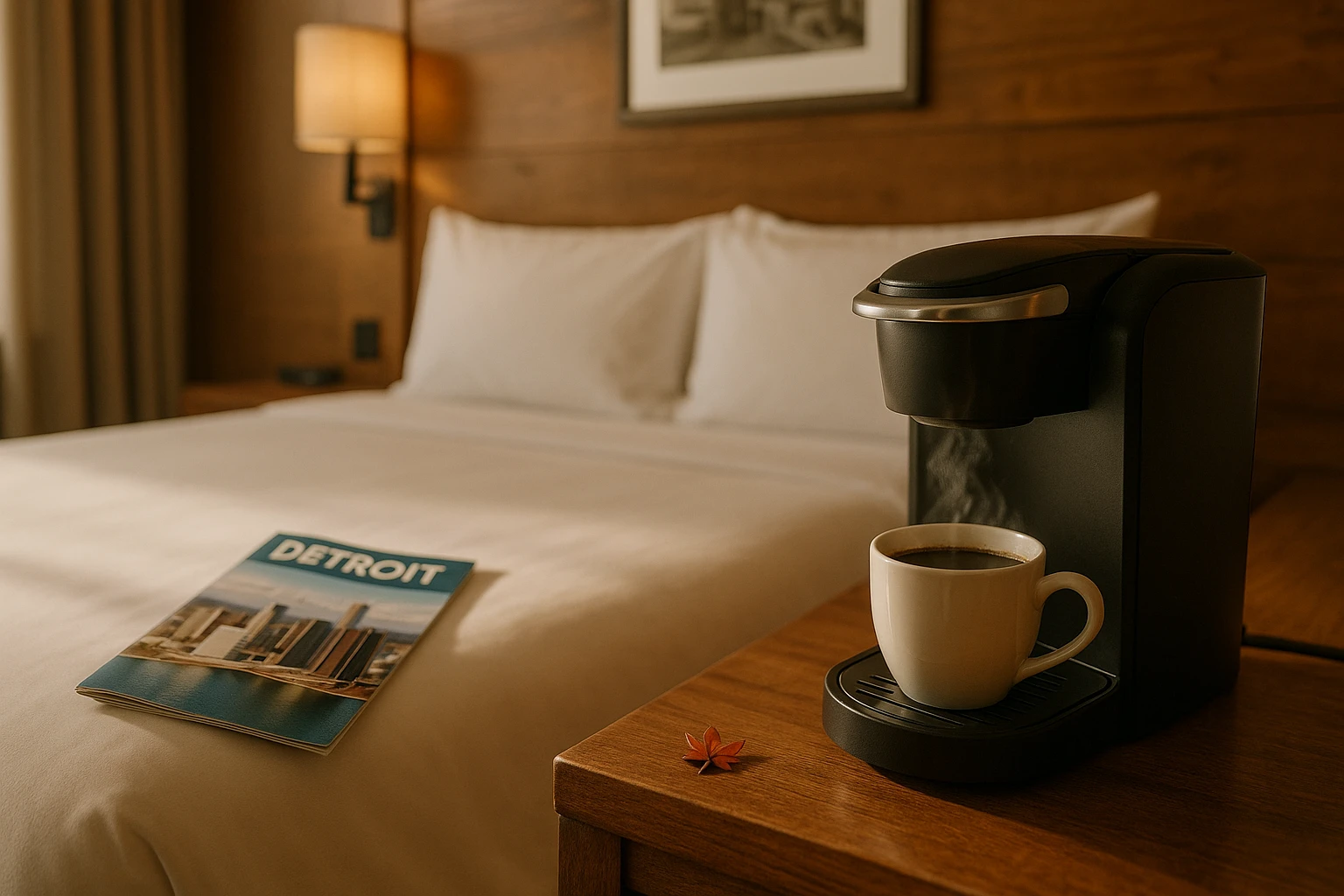 A cozy boutique hotel room with warm wooden decor, featuring a coffee maker with a steaming cup of coffee, a brochure of Detroit attractions on the bed, and a small maple leaf pin on the nightstand.