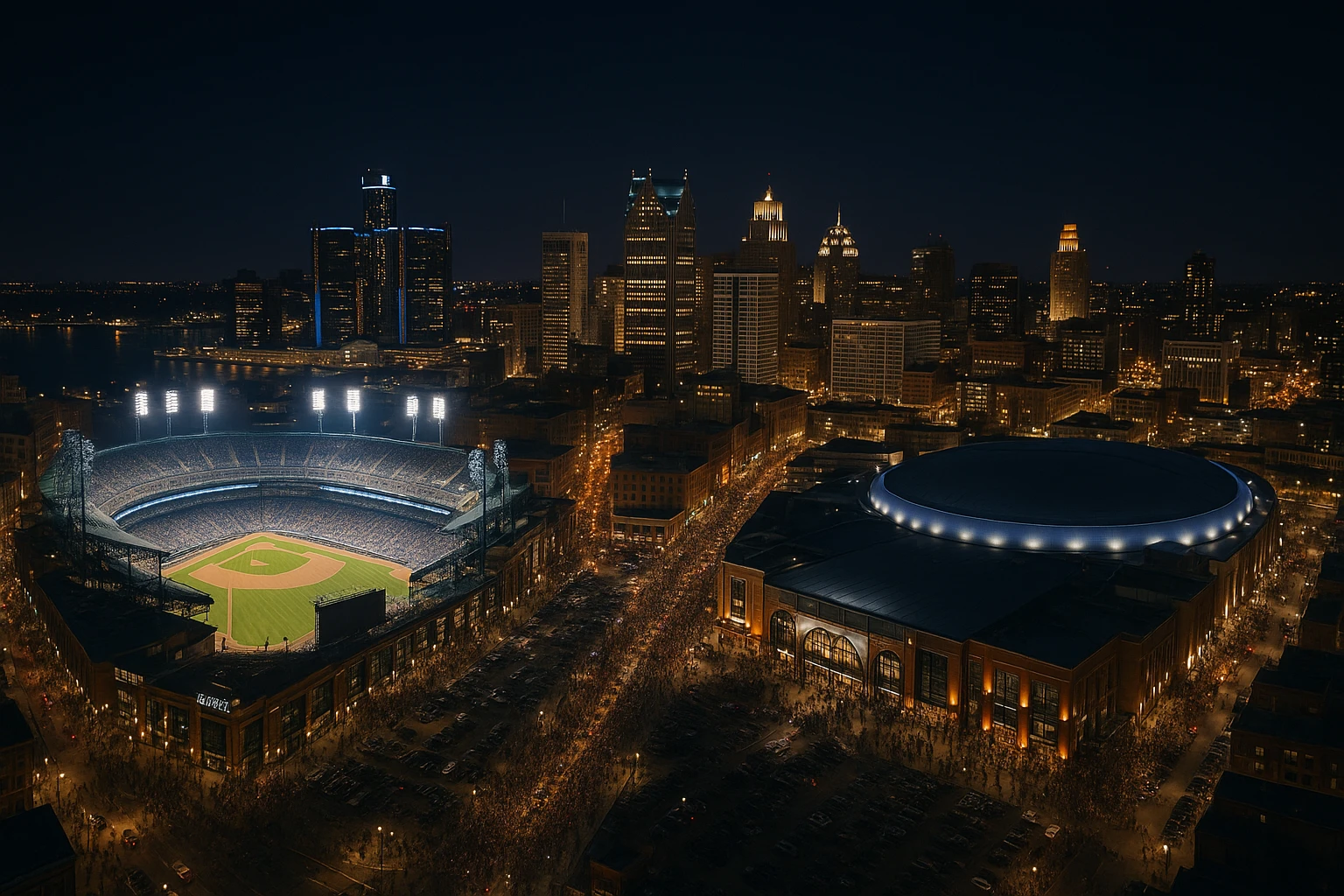 A nighttime aerial view of downtown Detroit, showcasing the illuminated Comerica Park and Little Caesars Arena surrounded by bustling streets filled with fans making their way to events, with the Detroit skyline majestically lit in the background.