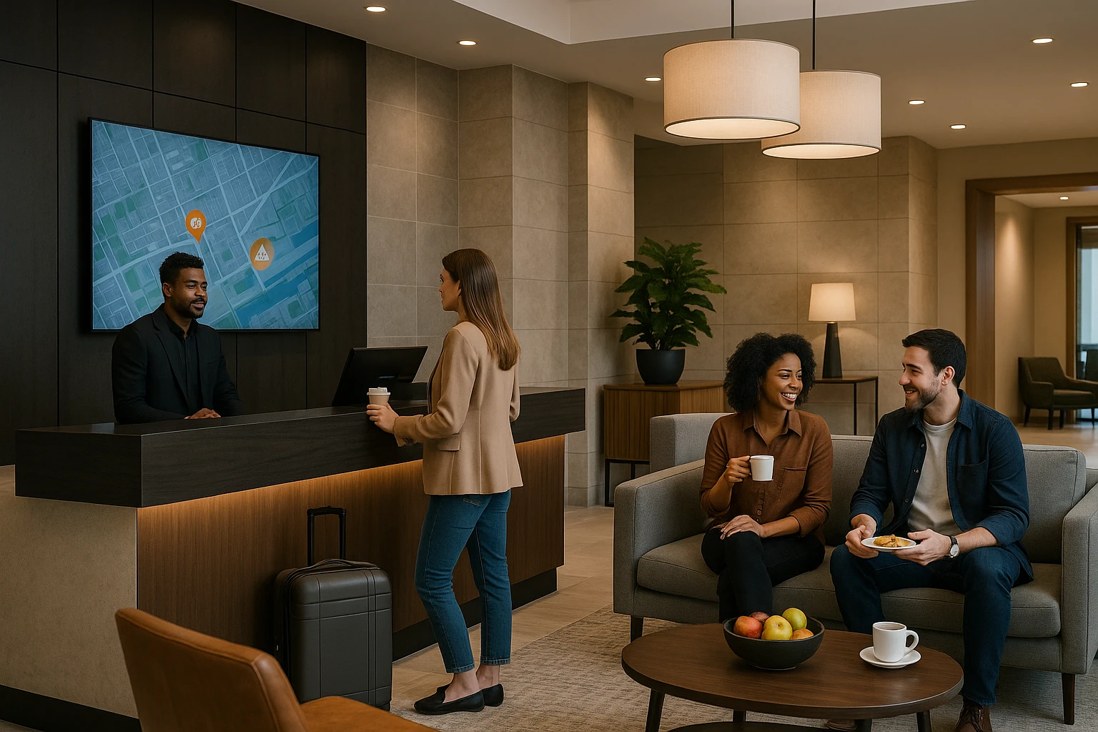 A stylish hotel lobby with modern decor, featuring a sleek reception desk, a wall-mounted digital map highlighting nearby attractions like Little Caesars Arena and Comerica Park, and guests casually enjoying complimentary refreshments in a lounge area.