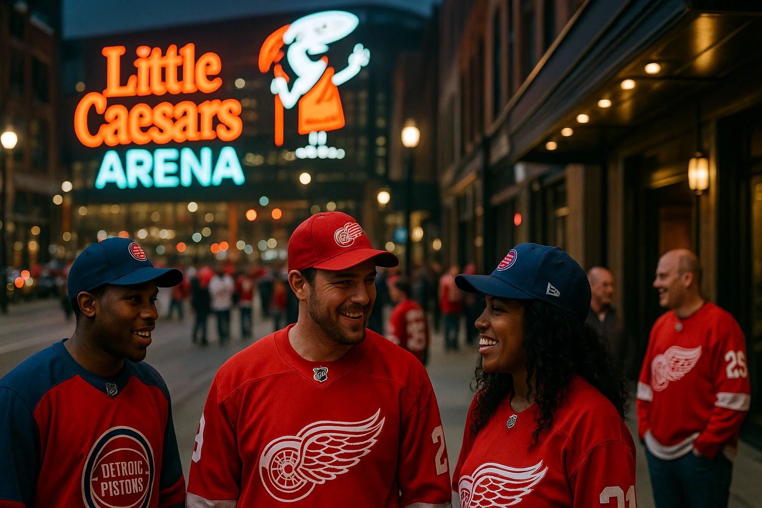 A bustling street in Detroit with the bright neon signs of Little Caesars Arena in the background, while fans wearing Detroit Red Wings jerseys and Detroit Pistons hats excitedly chat outside a nearby hotel entrance.