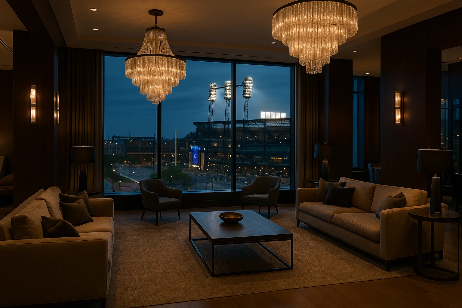 A view of a sleek hotel lobby in Detroit, featuring a modern interior with elegant chandeliers, a cozy seating area with plush sofas, and a large window showcasing Comerica Park illuminated at dusk, emphasizing its proximity for concertgoers and sports fans.