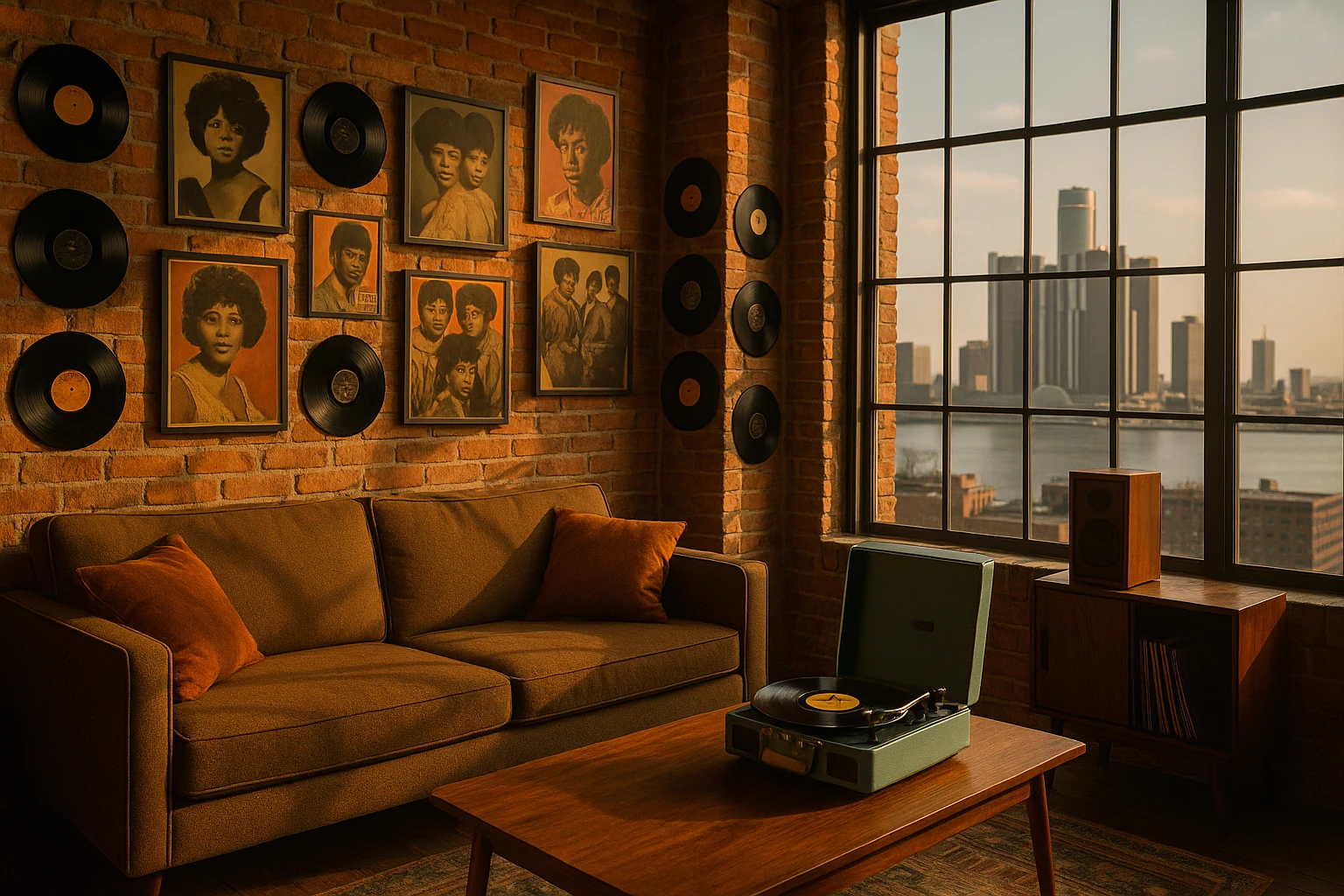 A cozy loft showcasing Motown-inspired decor with vintage vinyl records and framed posters on vibrant brick walls, a retro-style record player spinning a classic tune, and large windows offering a view of Detroit’s skyline.