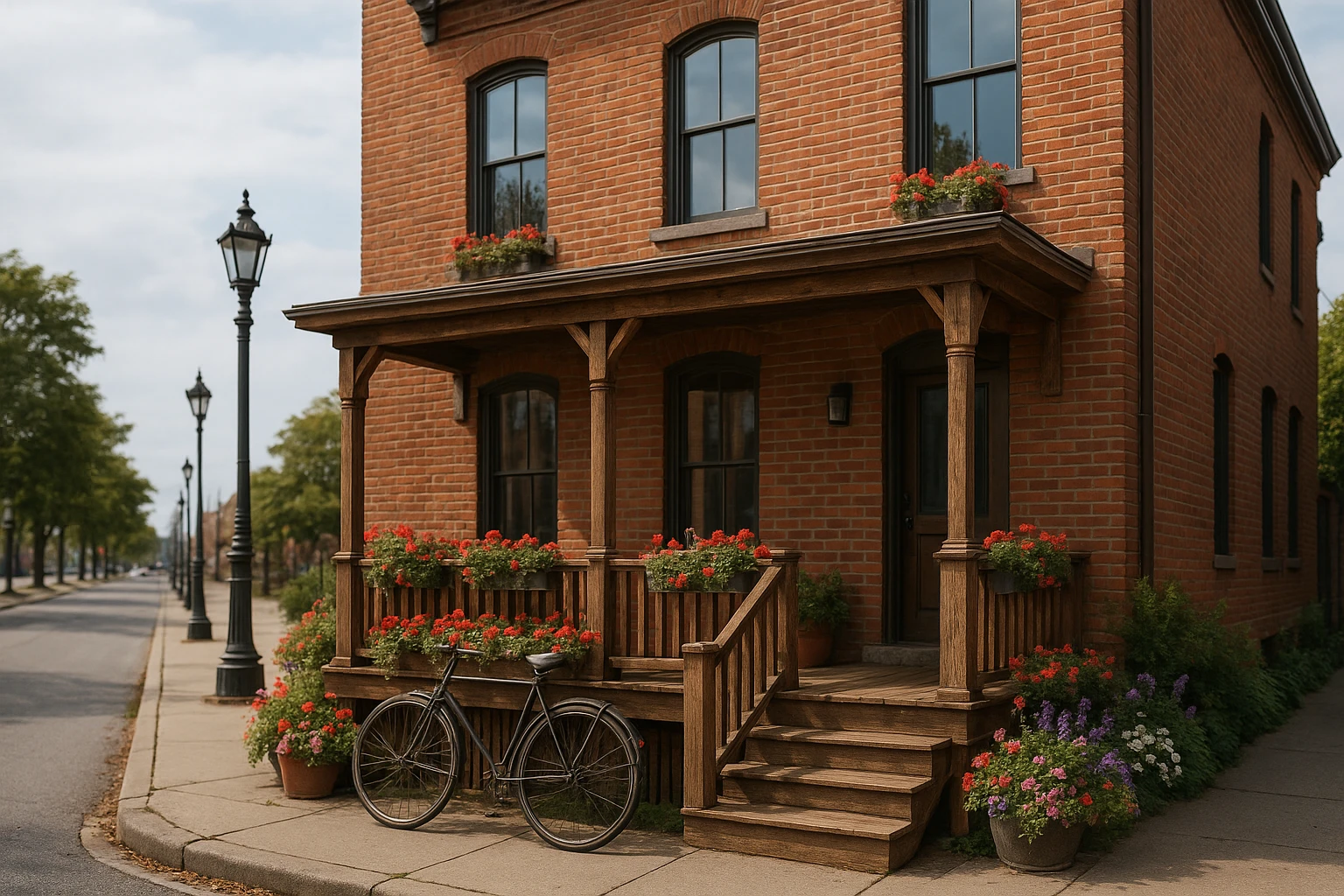 A charming brick townhouse in Detroit's Corktown neighborhood with a rustic wooden porch, surrounded by blooming flower boxes and a vintage bicycle leaning against the railing, set against the backdrop of the bustling street with historic street lamps.