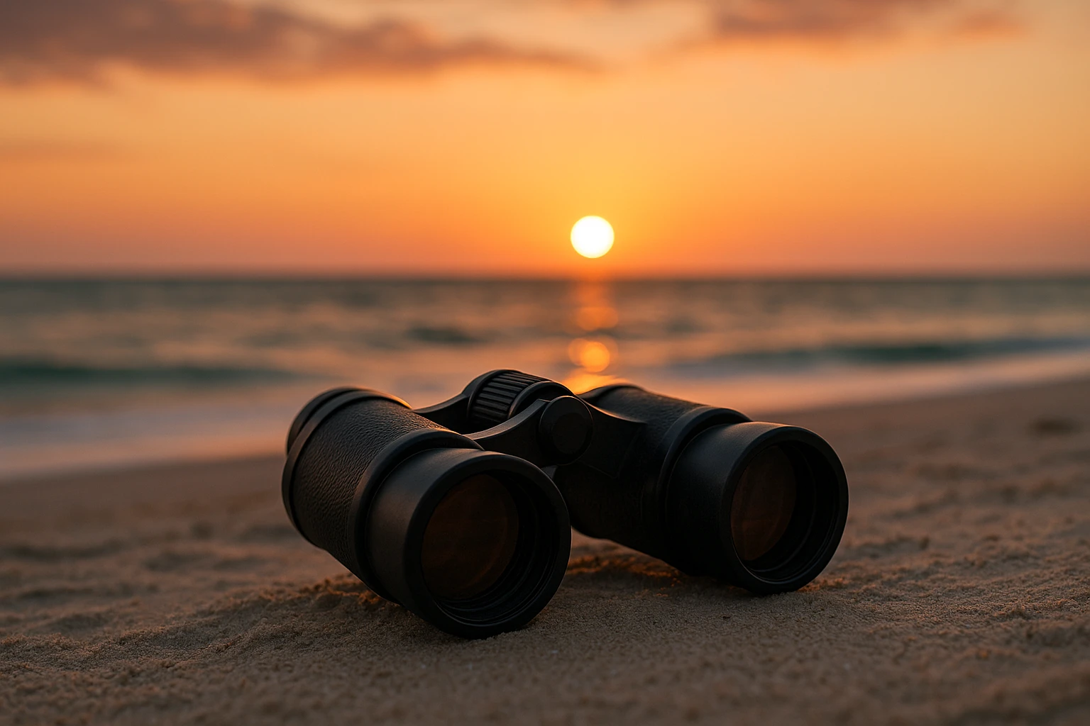 A pair of binoculars is placed on a sandy beach with the ocean and a sunset backdrop, symbolizing the observational tools of a private investigator on Captiva Island, Florida.