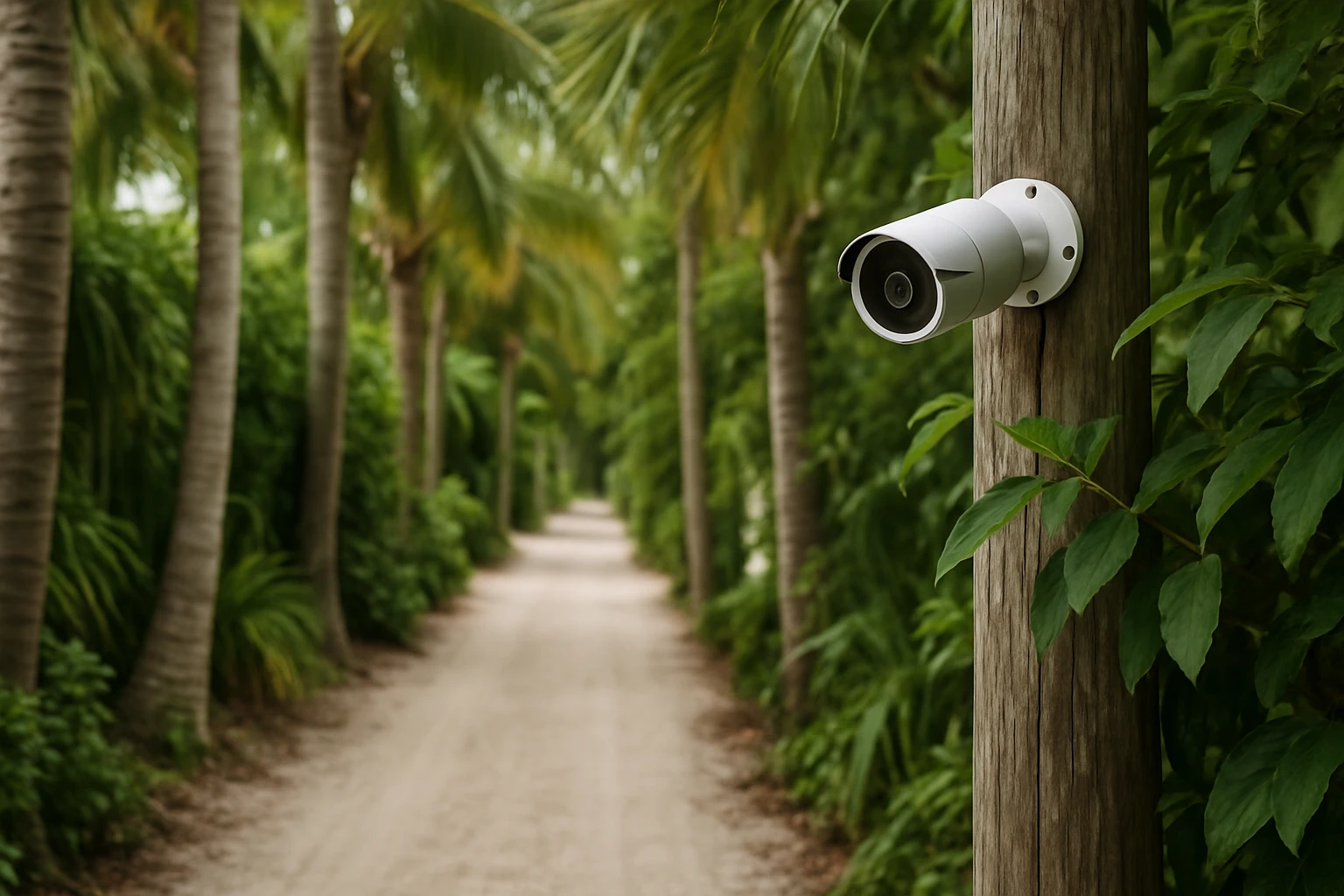 A narrow, palm-lined alley on Captiva Island with a discreet security camera mounted on a weathered wooden post, subtly capturing activity as lush greenery partially obscures its view.