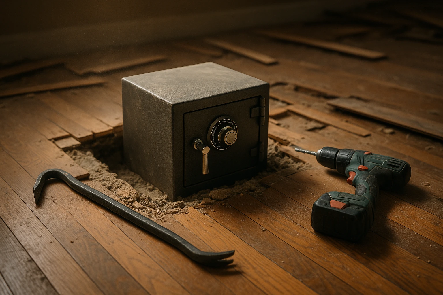 A floor safe partially embedded in a wooden floor, with construction tools like a crowbar and power drill scattered around, in a room with a partially dismantled hardwood floor and dust particles in the air, indicating an ongoing removal process.