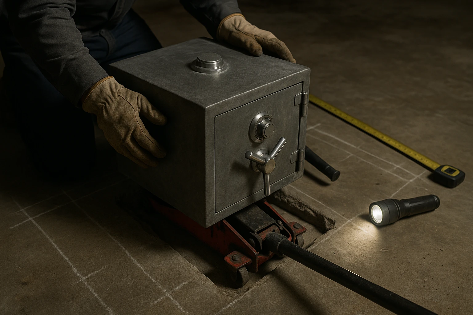 A craftsman's hands wearing safety gloves carefully lifting a metallic floor safe from a concrete slab using a hydraulic jack, surrounded by chalk marks and measuring tapes on an unfinished basement floor, with a flashlight illuminating the scene.
