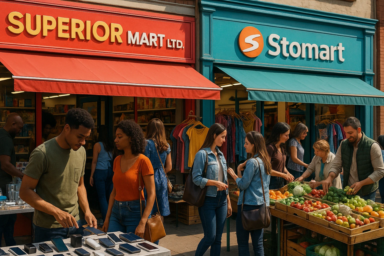 A vibrant marketplace scene with colorful storefronts featuring the logos of Superior Mart Ltd and Stomart, surrounded by bustling activity with shoppers examining a variety of displayed products like gadgets, clothing, and fresh produce in a lively outdoor setting.
