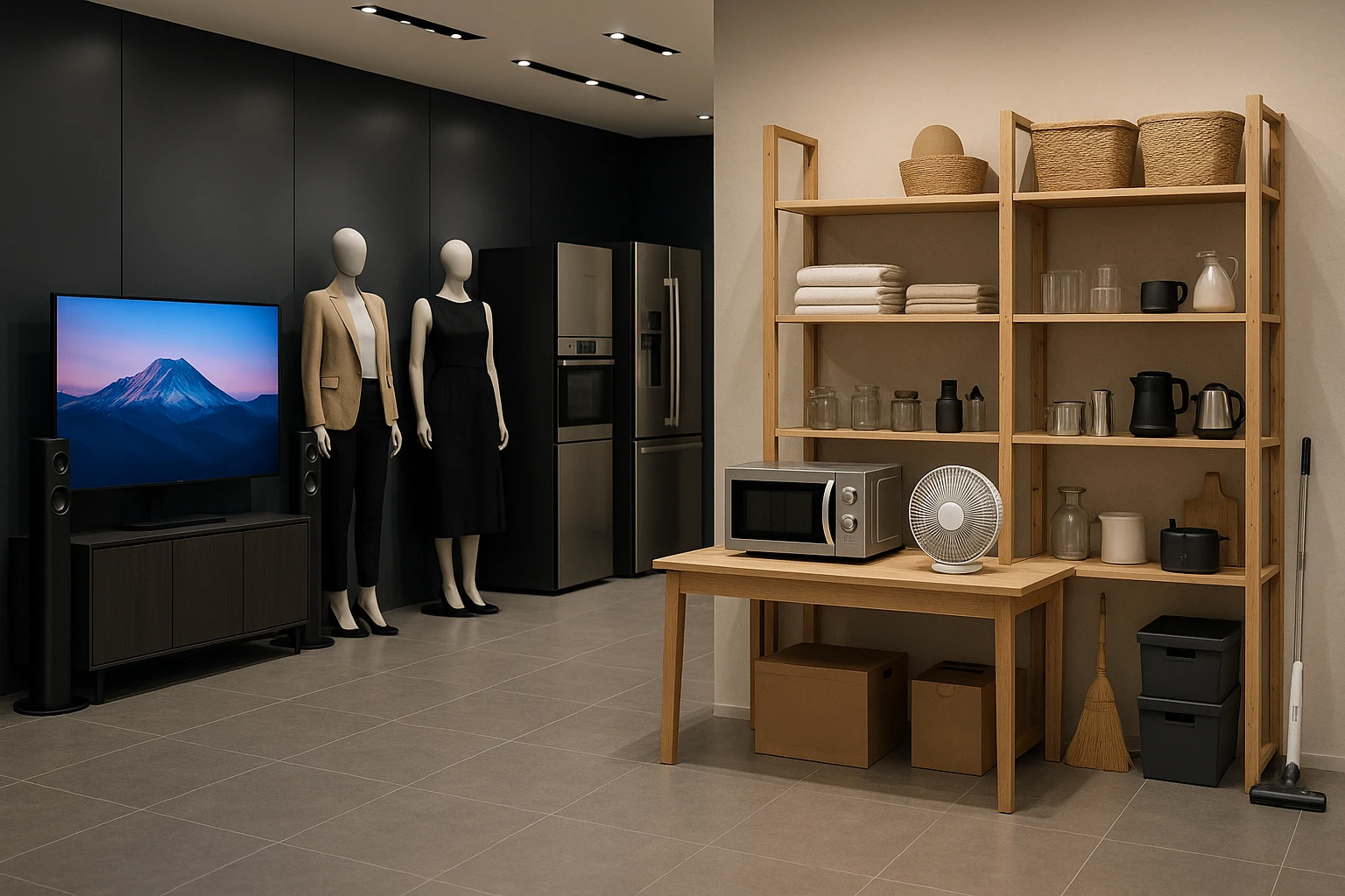 A chic, modern showroom displaying Superior Mart Ltd’s selection: sleek electronics like smart TVs and high-end speakers, alongside trendy clothing mannequins and polished kitchen appliances; contrasting with Stomart’s section featuring a simpler, rustic display of everyday household items and basic gadgets.