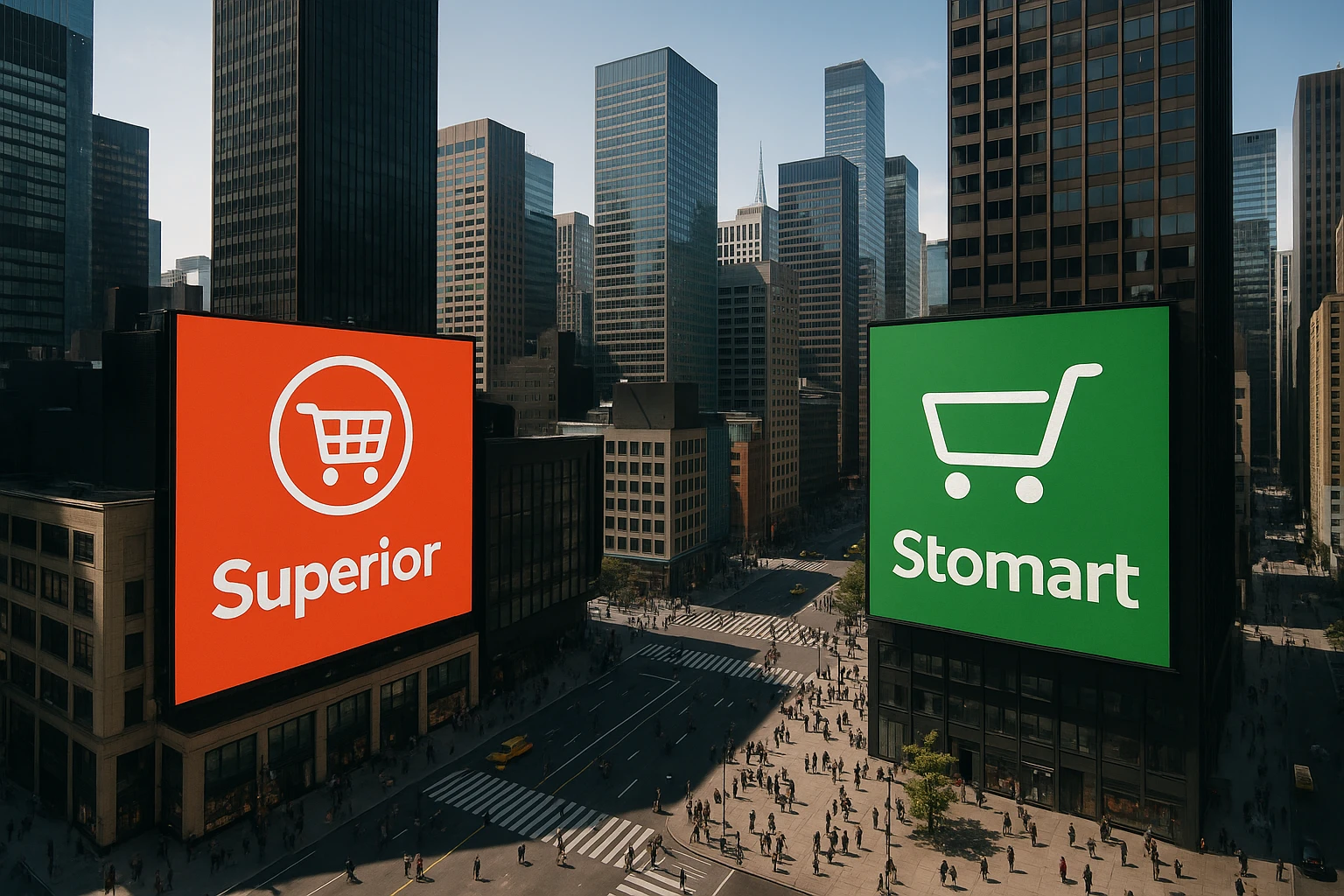 Aerial view of a cityscape featuring large digital billboards displaying the logos of Superior Mart Ltd and Stomart, each located on opposite sides of a bustling commercial district, surrounded by a mixture of modern skyscrapers and wide pedestrian-filled streets.