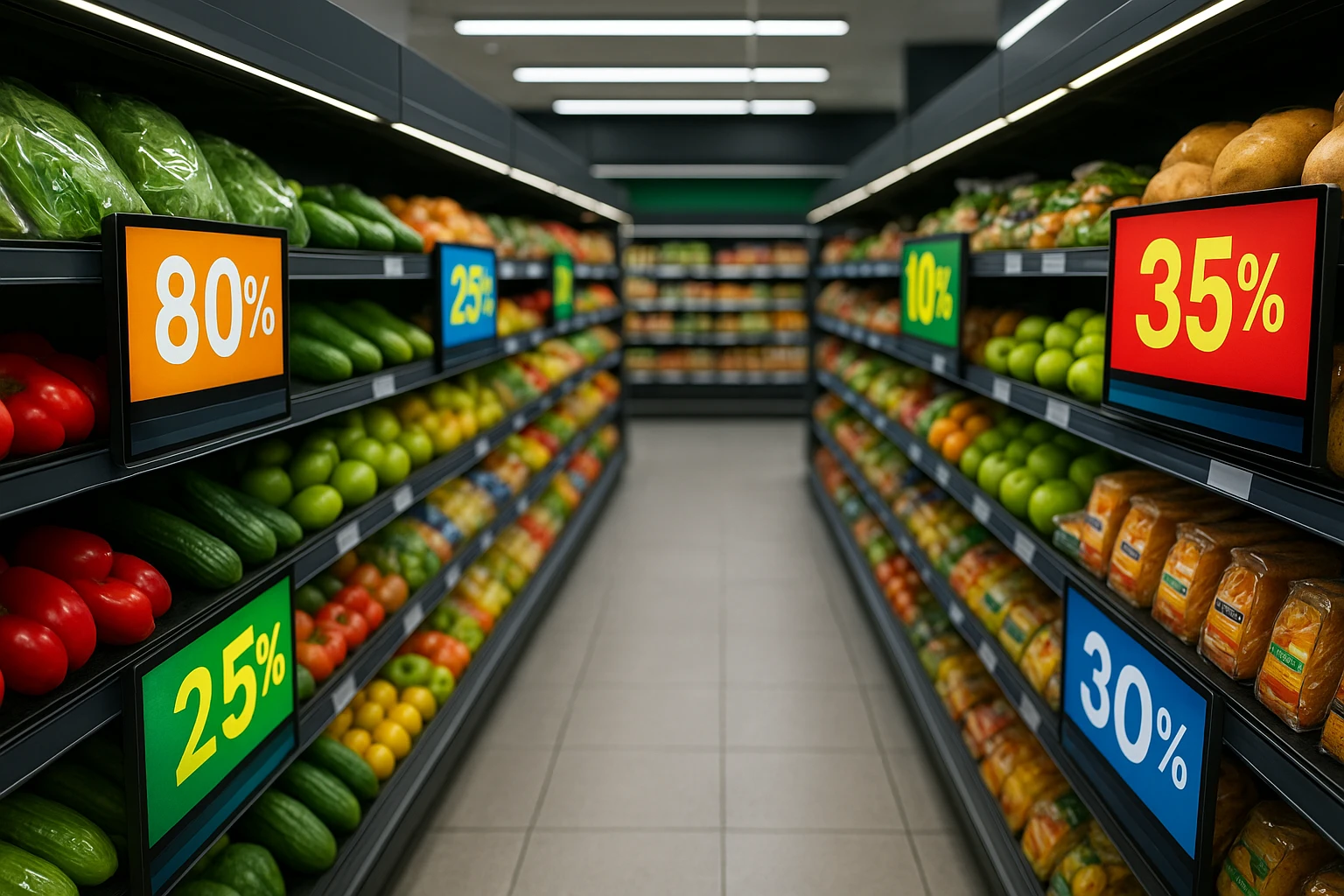 An aisle in Superior Mart Ltd featuring interactive digital pricing displays on shelves, highlighting real-time discounts on fresh produce and popular grocery items, with a sleek, modern design and vibrant signage showcasing various promotional offers.