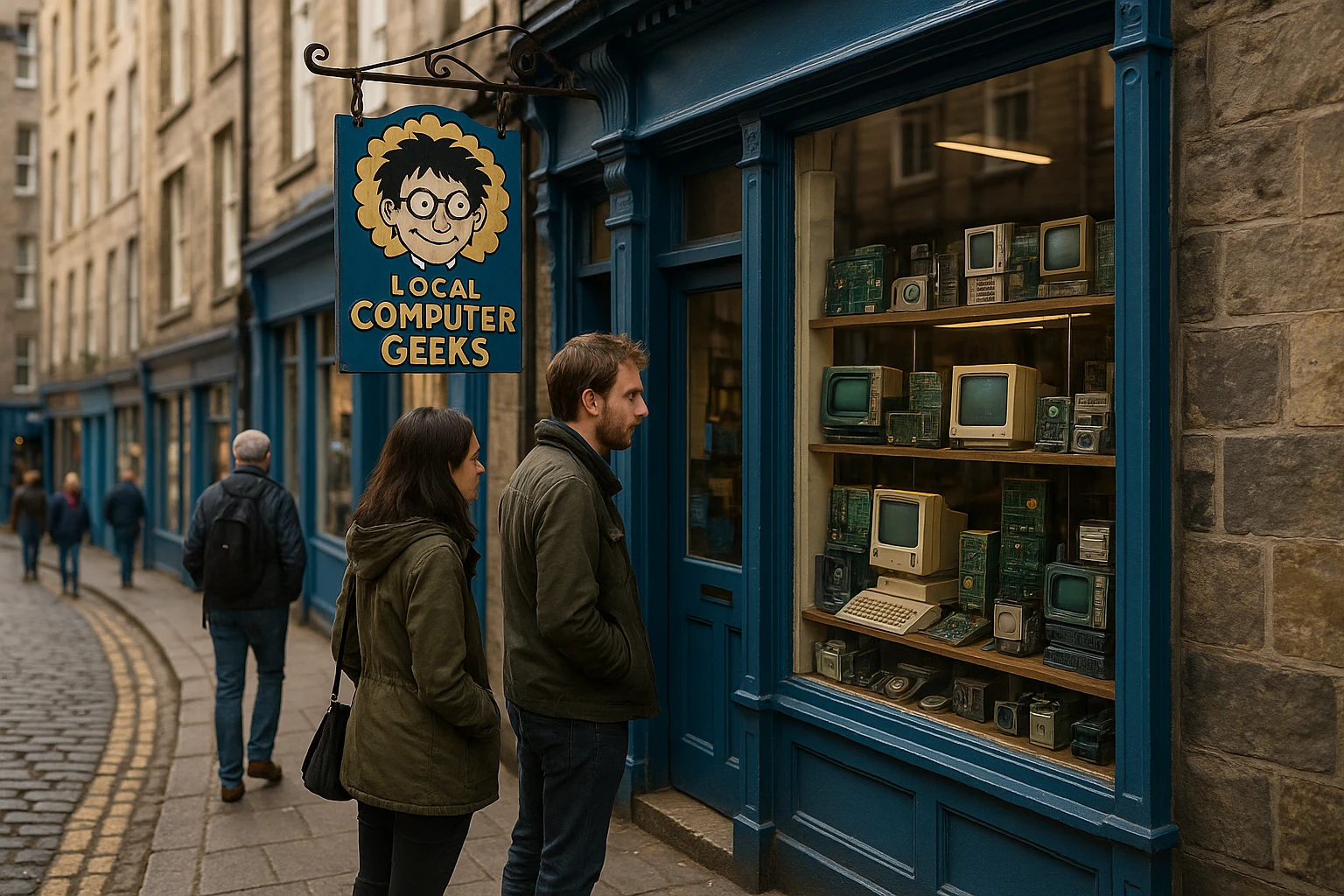 A vibrant Edinburgh street scene featuring a small, independent storefront with a quirky 