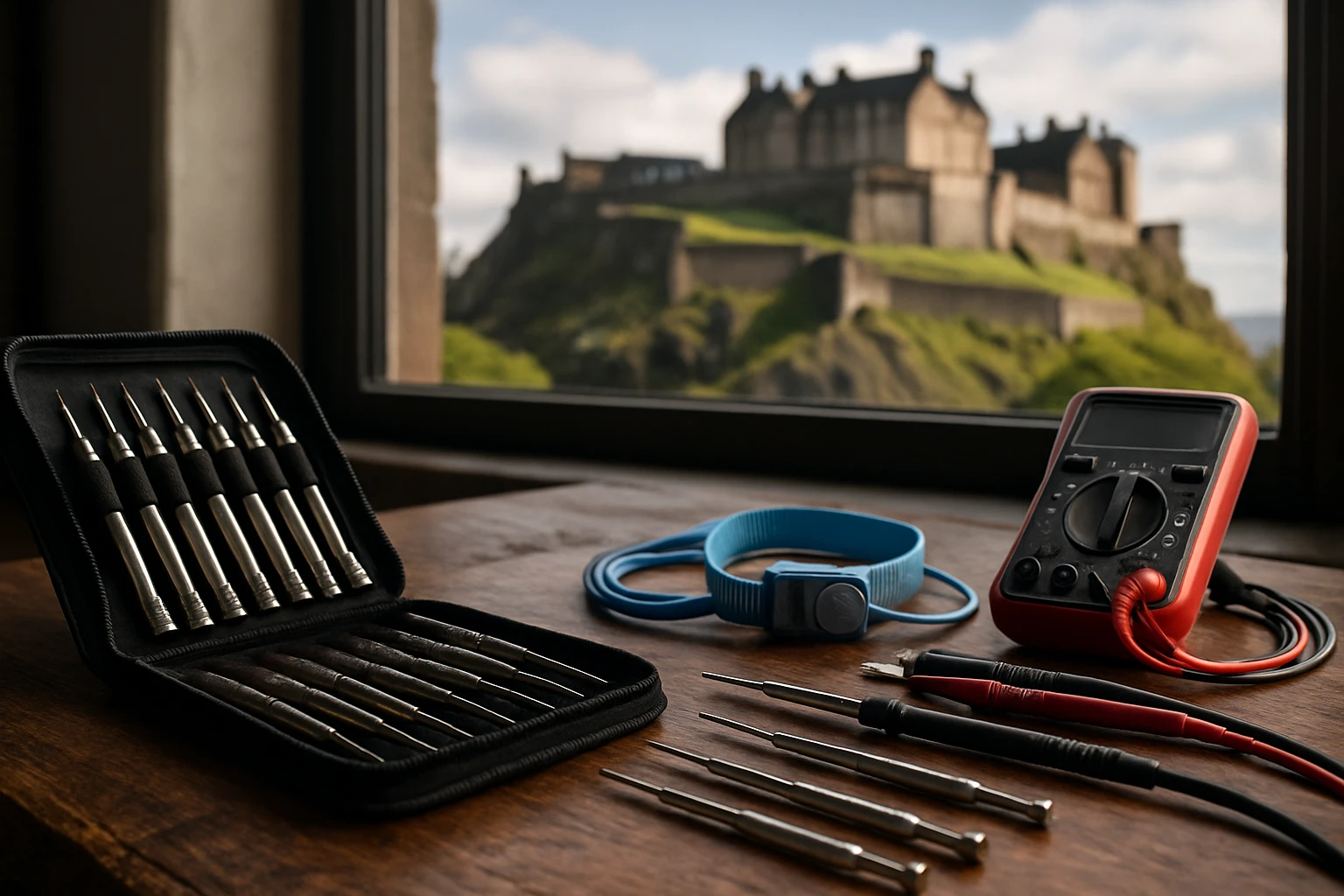 A close-up of a toolkit spread out on a rustic wooden table, featuring various computer repair tools like precision screwdrivers, anti-static wrist straps, and a multimeter, with the historic Edinburgh Castle visible in the background through a large window.