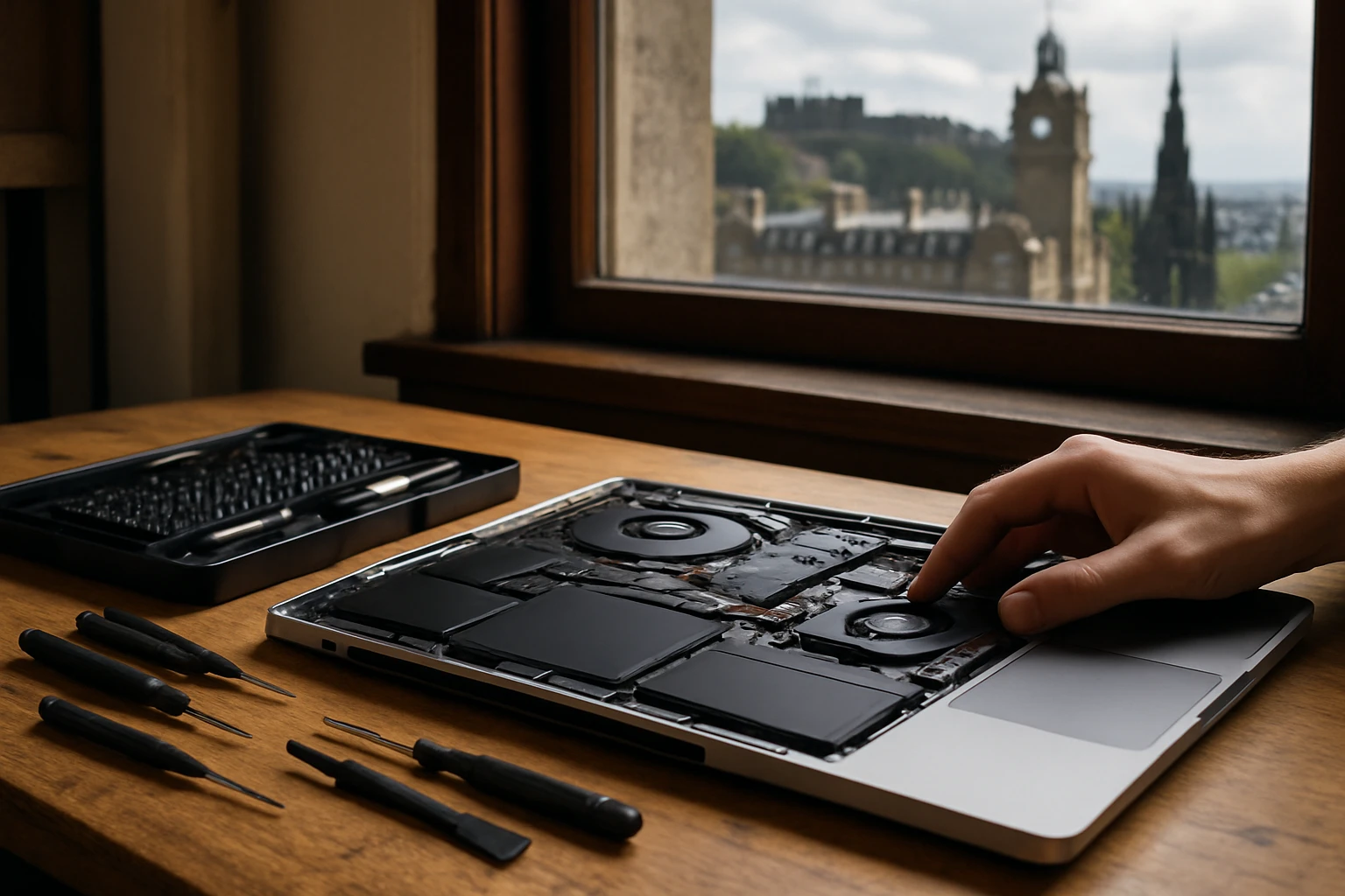 A close-up of a MacBook Pro being repaired on a wooden workbench, with a toolkit spread out, and the Edinburgh skyline visible through a nearby window.