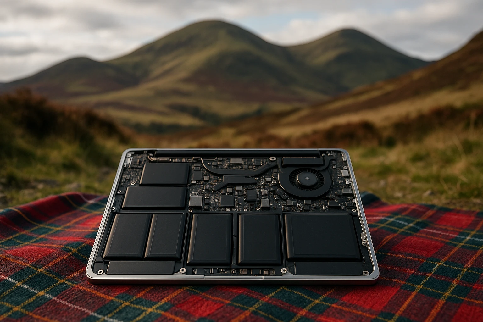 A close-up of a partially disassembled MacBook with visible battery and internal components, set on a vibrant tartan cloth in a rustic outdoor setting, with the Pentland Hills in the background.