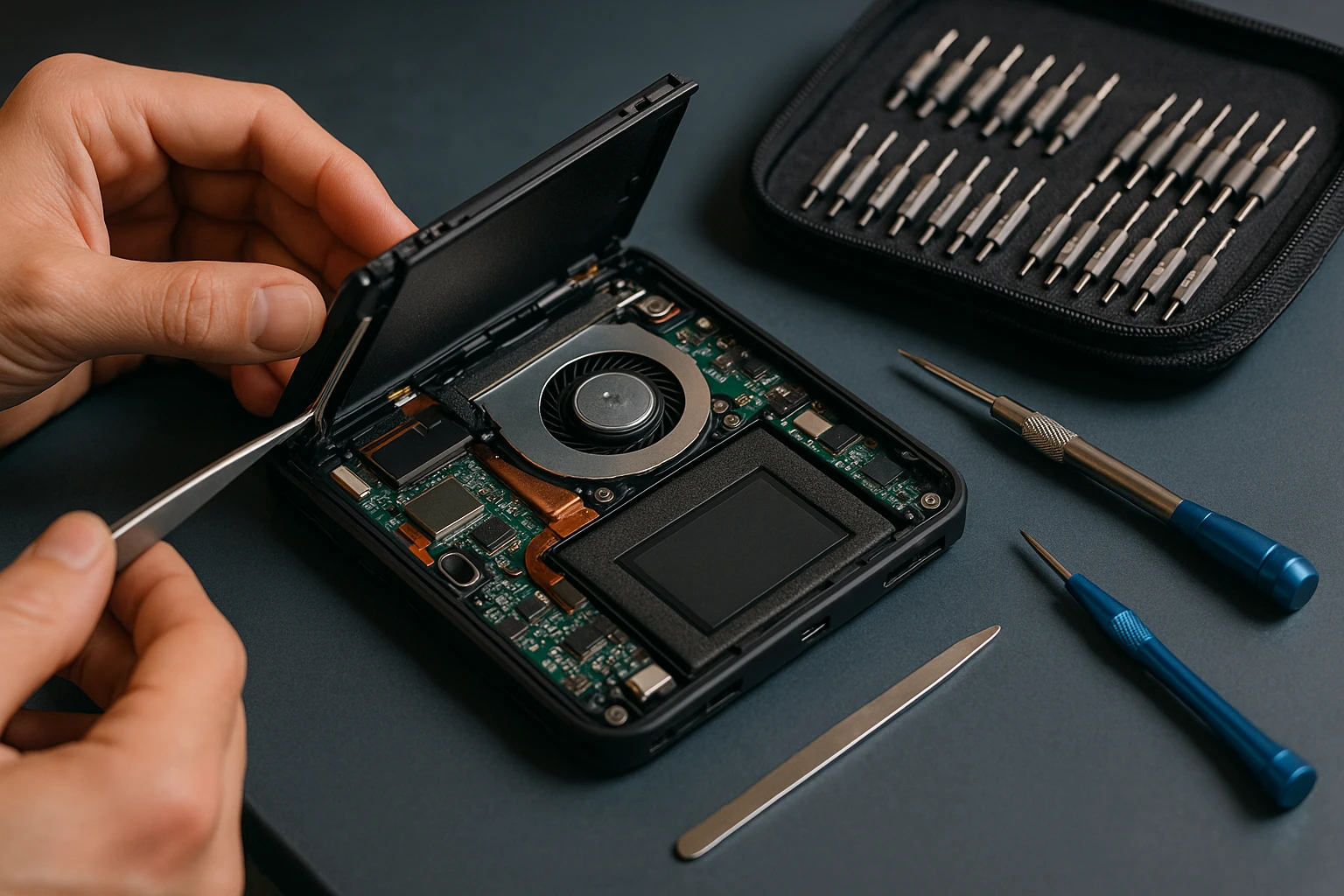 A close-up of a Nintendo Switch being carefully opened with precision tools on a well-lit repair bench, highlighting the intricate components inside, with the TechCentre logo subtly visible on a nearby toolkit.
