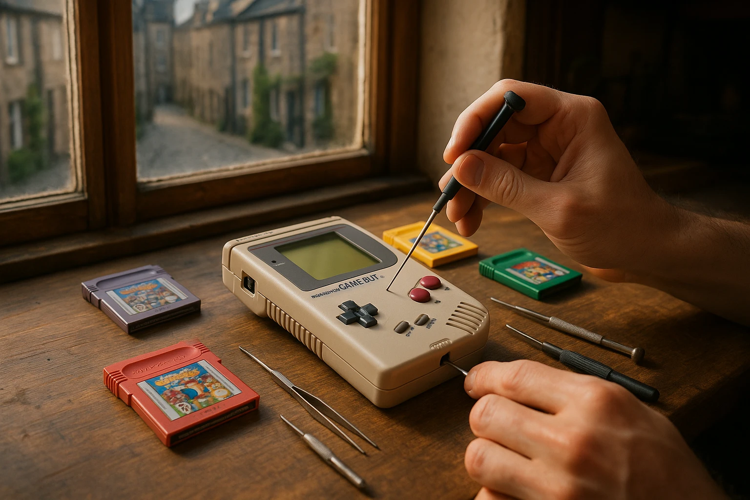 A detailed image of a vintage Nintendo Game Boy being repaired with tiny precision tools on a wooden table, surrounded by colorful game cartridges, in a cozy, sunlit Edinburgh workshop with a view of a cobblestone street through the window.