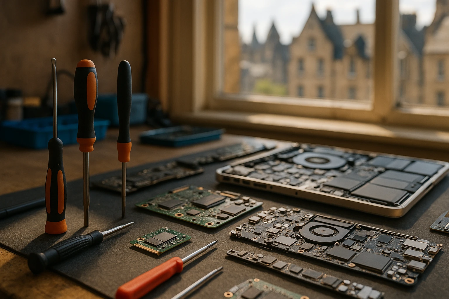 A close-up of a variety of tools and spare parts, including screwdrivers, circuit boards, and MacBook components, neatly arranged on a workbench in a sunlit Edinburgh workshop with a glimpse of the city's architecture visible through the window.