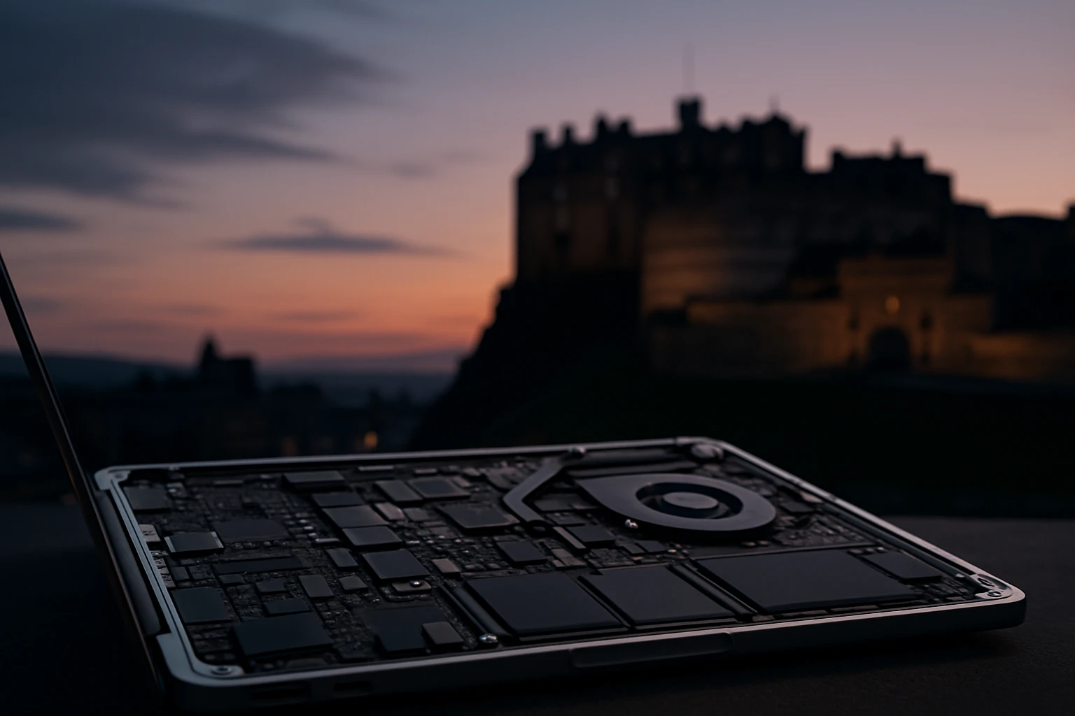 A close-up of an open MacBook with exposed internal components, set against a backdrop of Edinburgh's iconic castle silhouetted during twilight, emphasizing both the precision of the repair work and the city's atmosphere.