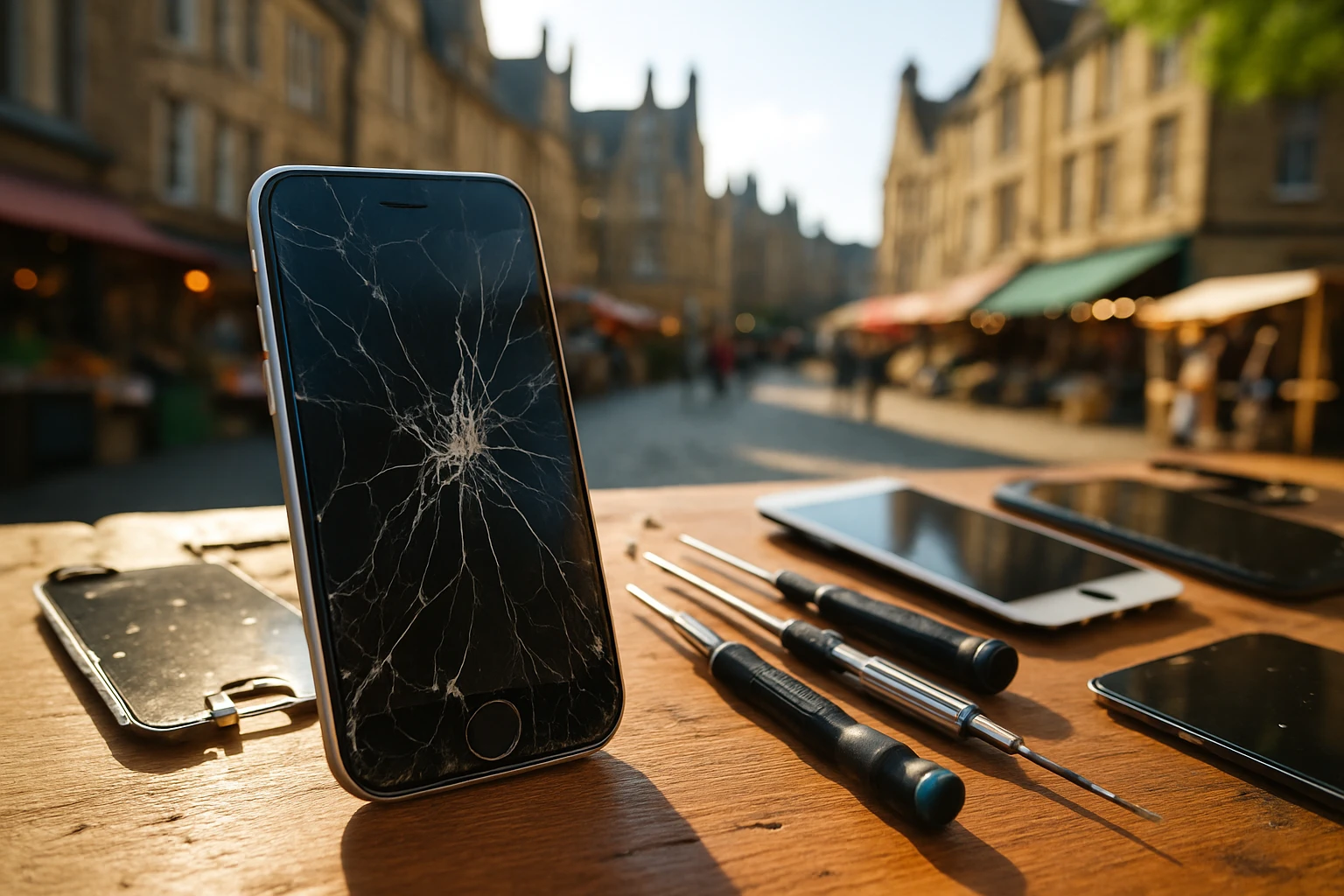 A close-up of an iPhone with a cracked screen, surrounded by repair tools like screwdrivers and replacement screens, set on a wooden workbench in a sunlit outdoor market in Edinburgh.