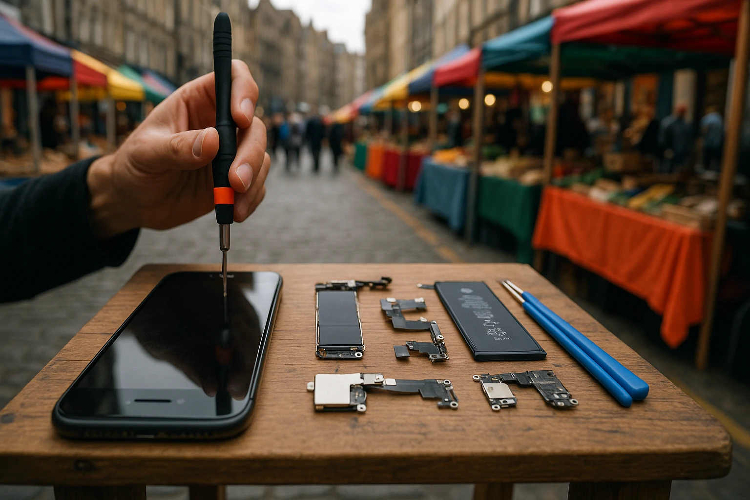 An iPhone being repaired on a small wooden stall at a bustling Edinburgh street market, with colorful stalls in the background and spare parts neatly arranged next to the phone.