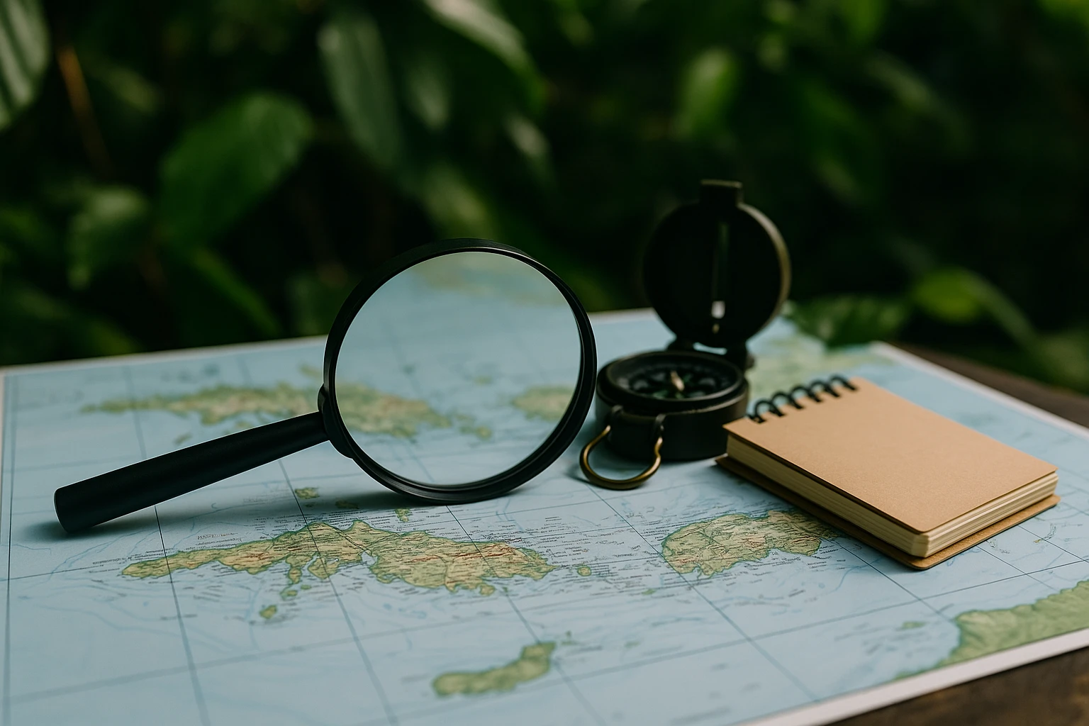 A magnifying glass lies on top of a detailed map of the U.S. Virgin Islands, with a compass and notepad beside it, set against a backdrop of lush green foliage, symbolizing investigation and navigation of the islands' unique terrain.