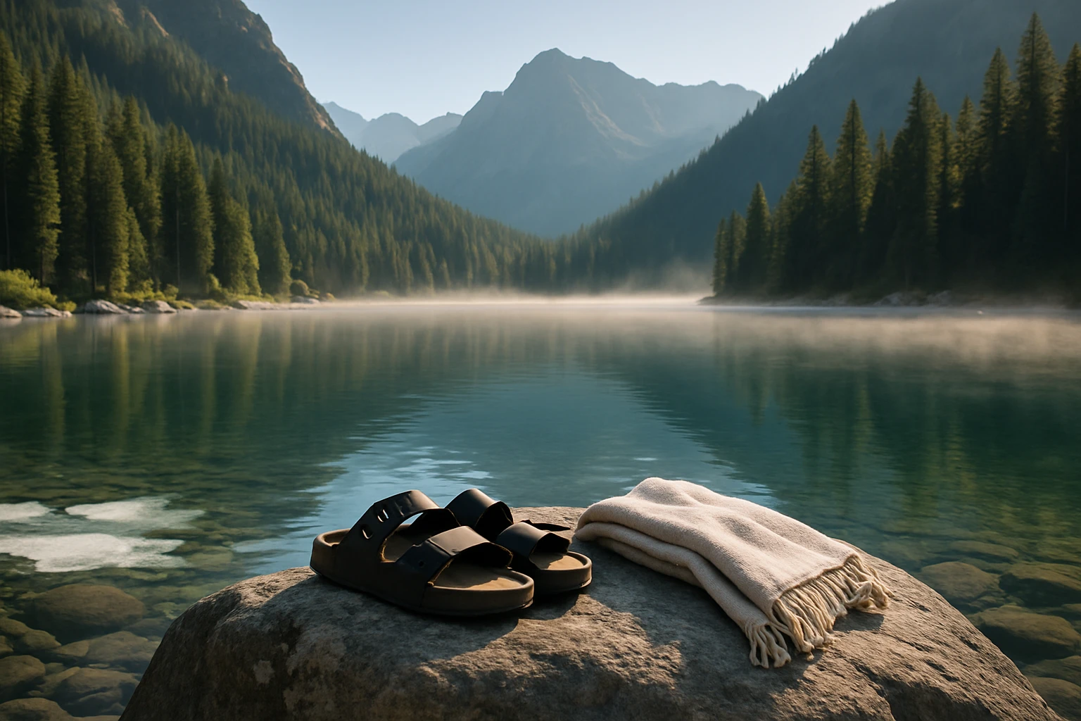 A serene, sun-dappled mountain lake with a thin layer of mist hovering above the icy water; a pair of sandals and a towel are placed on a nearby rock, suggesting someone is about to take the plunge amidst the picturesque surroundings.
