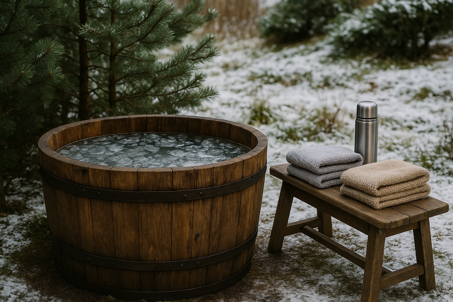 A rustic, wooden plunge tub filled with icy water set against the backdrop of a snow-dusted garden; nearby, pine trees provide a natural border, with knitted towels and a thermos flask resting on a vintage wooden bench.