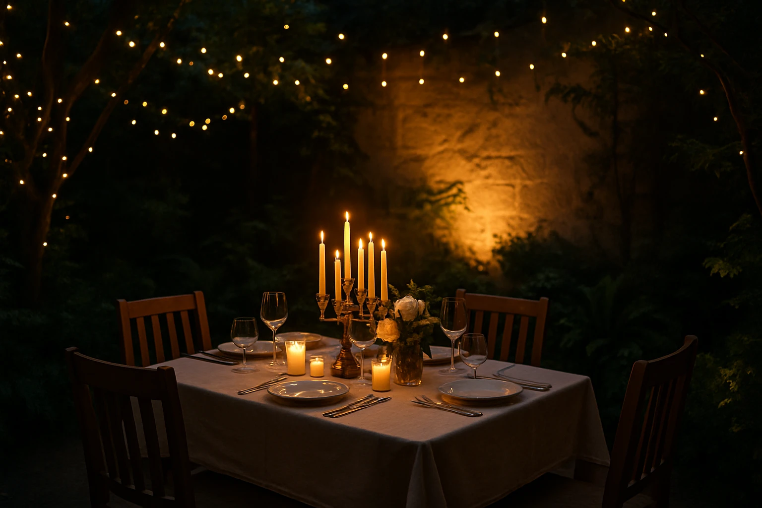 An elegant outdoor evening scene showcasing a beautifully set dining table with candlelight at a secluded garden, featuring the RÖK SPAS logo subtly illuminated on a nearby stone wall, surrounded by twinkling fairy lights and lush plants.