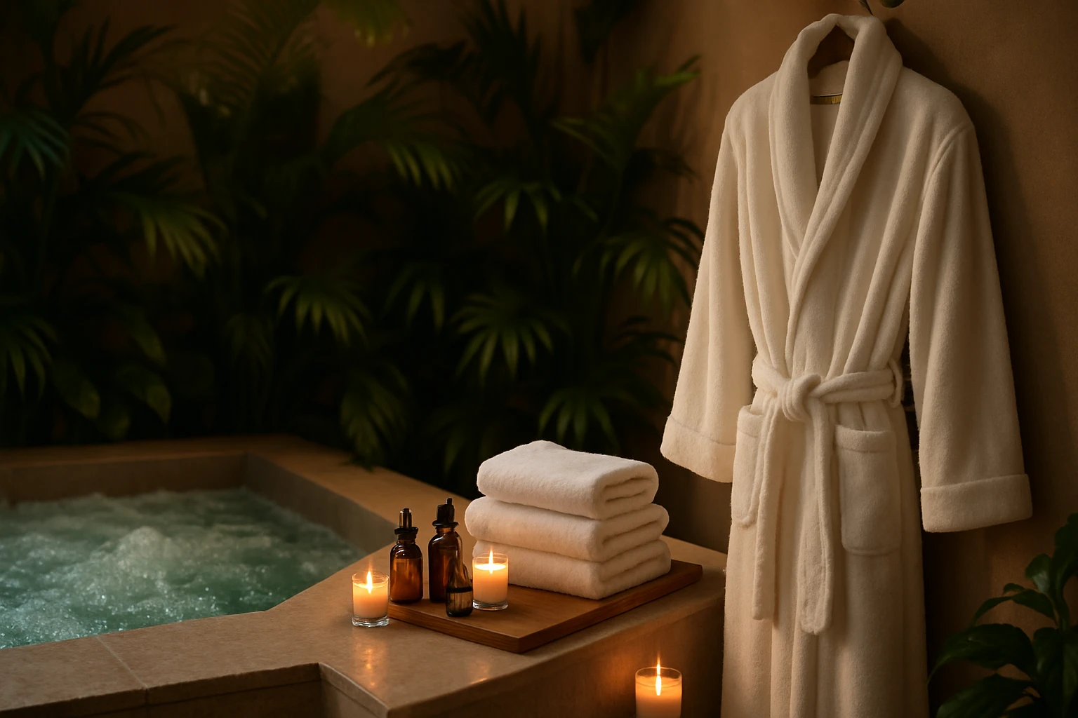 A tranquil spa scene featuring a plush, white robe hanging beside a bubbling hot tub surrounded by lush, green plants, with soft candlelight casting a warm glow on aromatic essential oils and neatly folded towels.