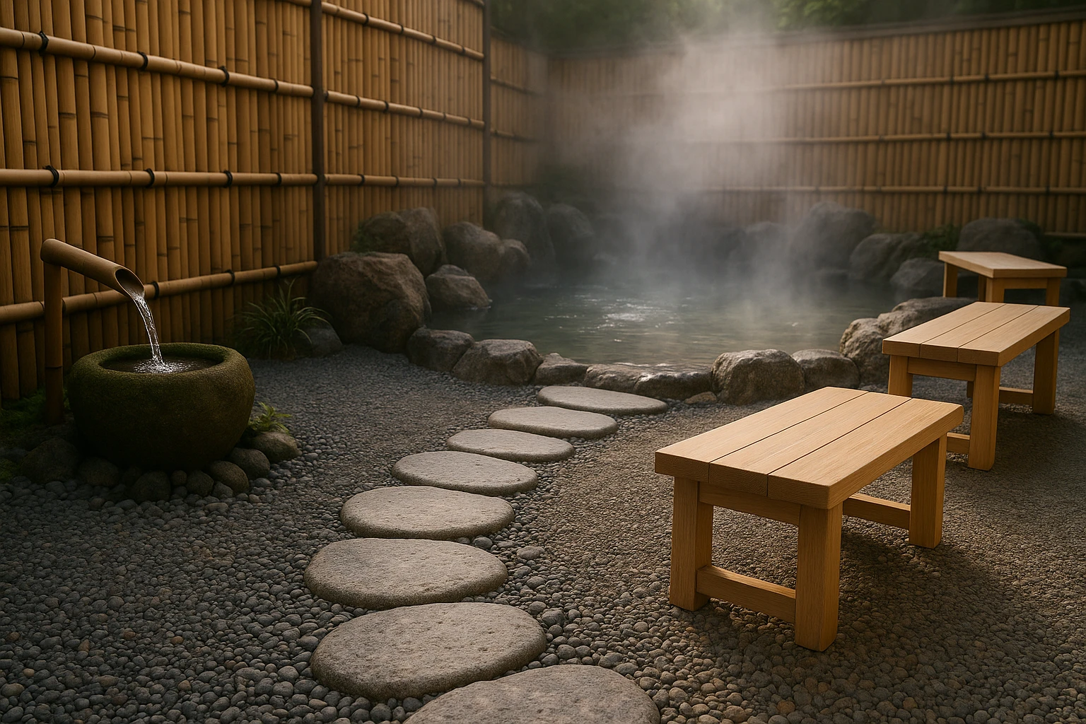 A serene spa setting featuring a stone pathway leading to a natural hot spring with steam rising, surrounded by bamboo fencing and minimalist wooden seating, with a calming water fountain gently trickling nearby.