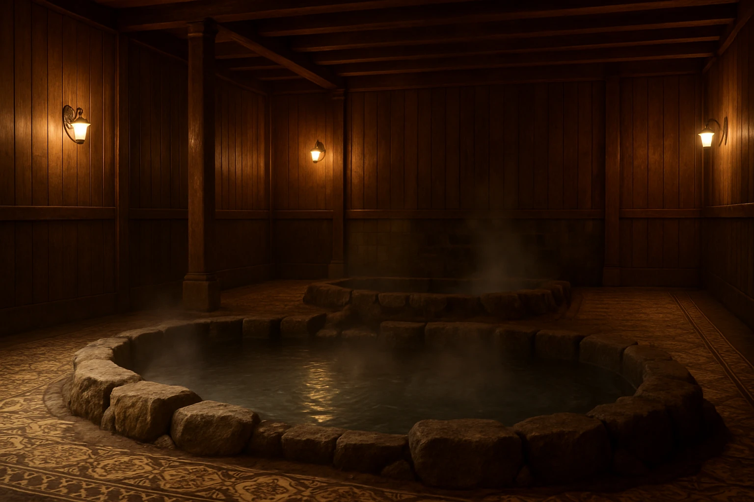 A traditional bathhouse interior with wooden walls, intricate tile patterns on the floor, and steaming pools of water surrounded by natural stone; a dimly lit space with warm golden lighting creating a serene ambiance.